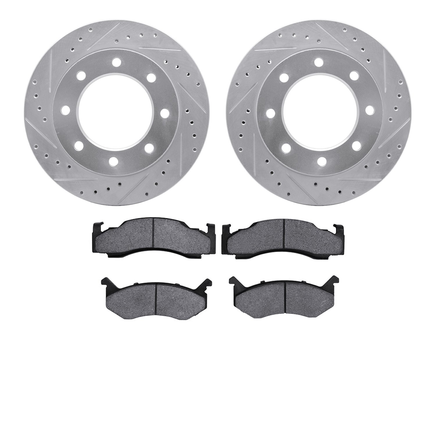 7202-40081 Drilled/Slotted Rotors w/Heavy-Duty Brake Pads Kit [Silver], 1973-1993 Mopar, Position: Front