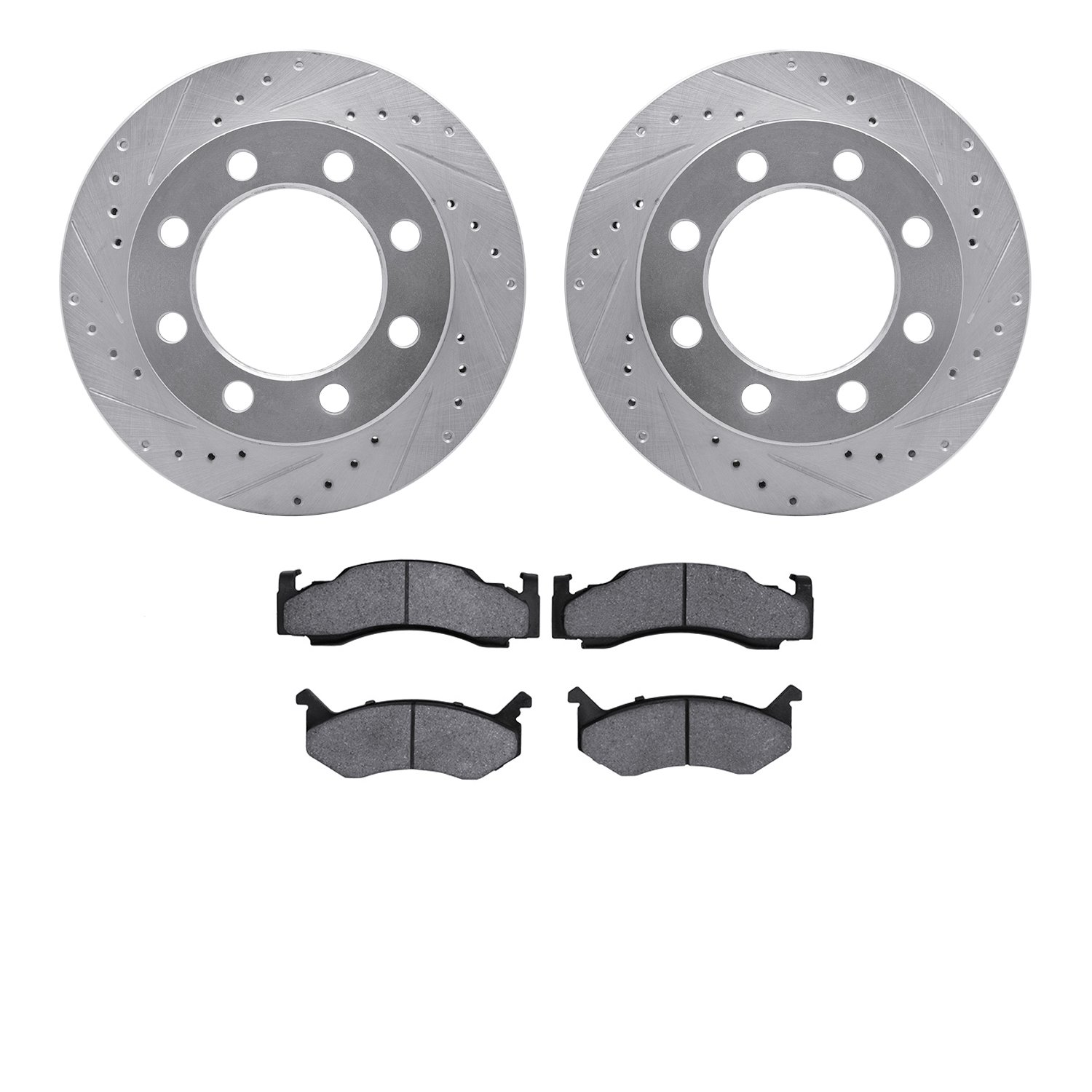 7202-40082 Drilled/Slotted Rotors w/Heavy-Duty Brake Pads Kit [Silver], 1973-1997 Mopar, Position: Front
