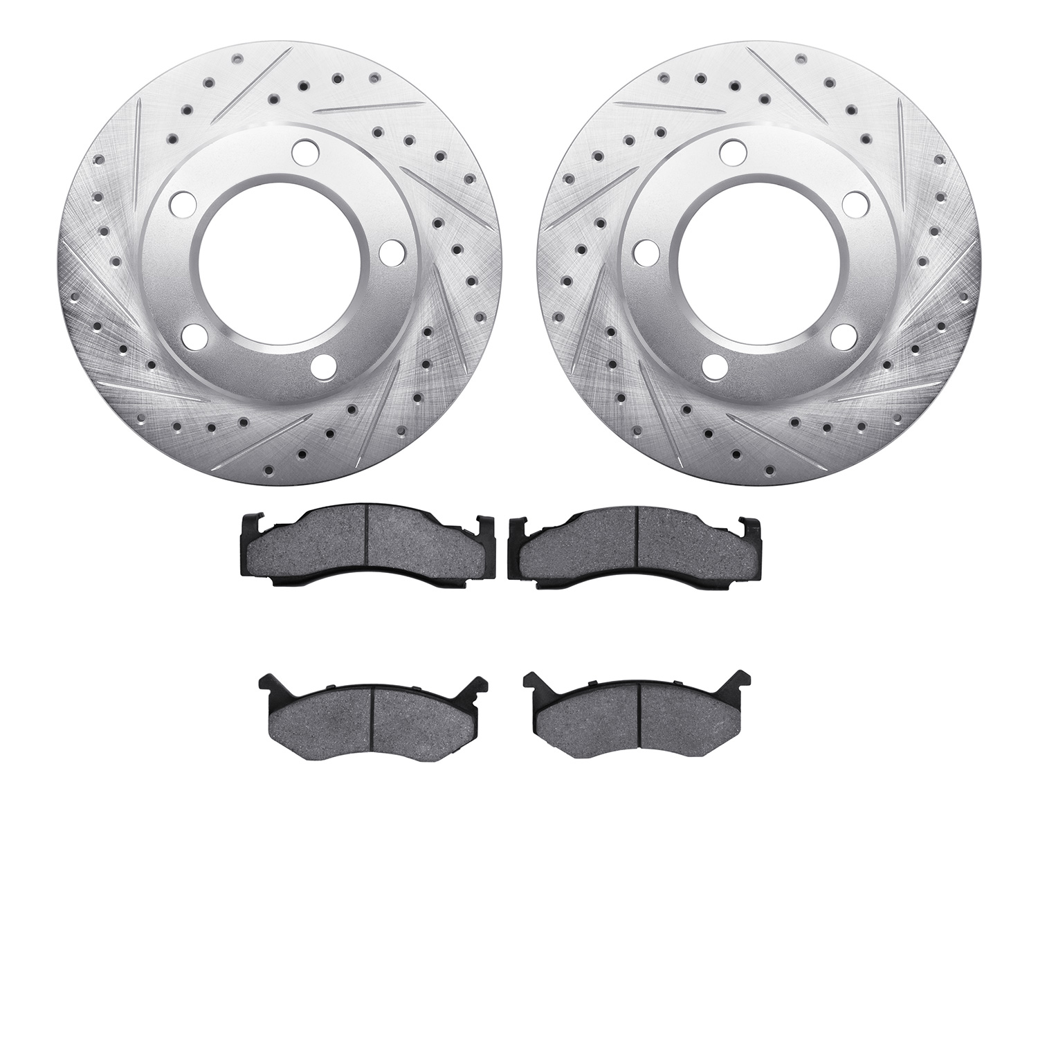 7202-40083 Drilled/Slotted Rotors w/Heavy-Duty Brake Pads Kit [Silver], 1980-1993 Mopar, Position: Front