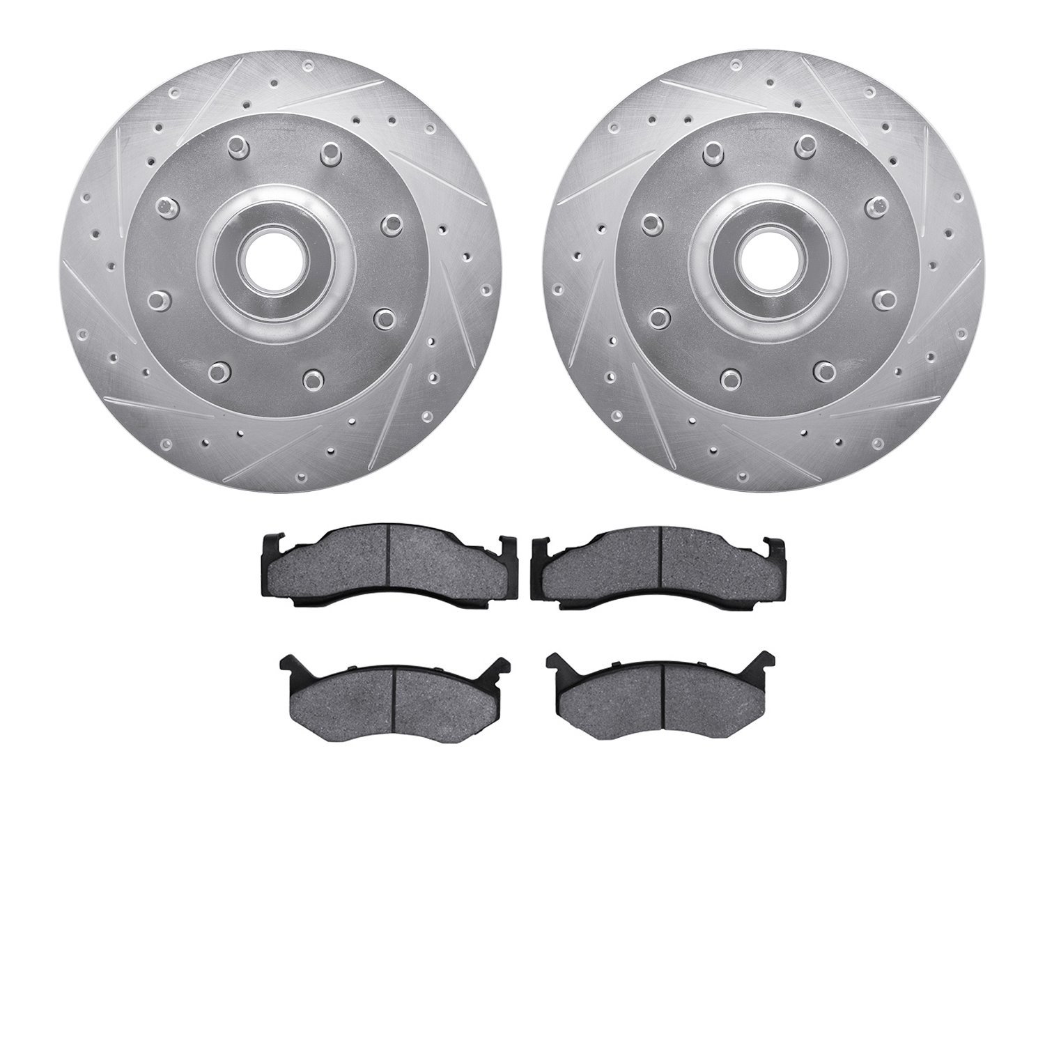 7202-40084 Drilled/Slotted Rotors w/Heavy-Duty Brake Pads Kit [Silver], 1978-1997 Mopar, Position: Front