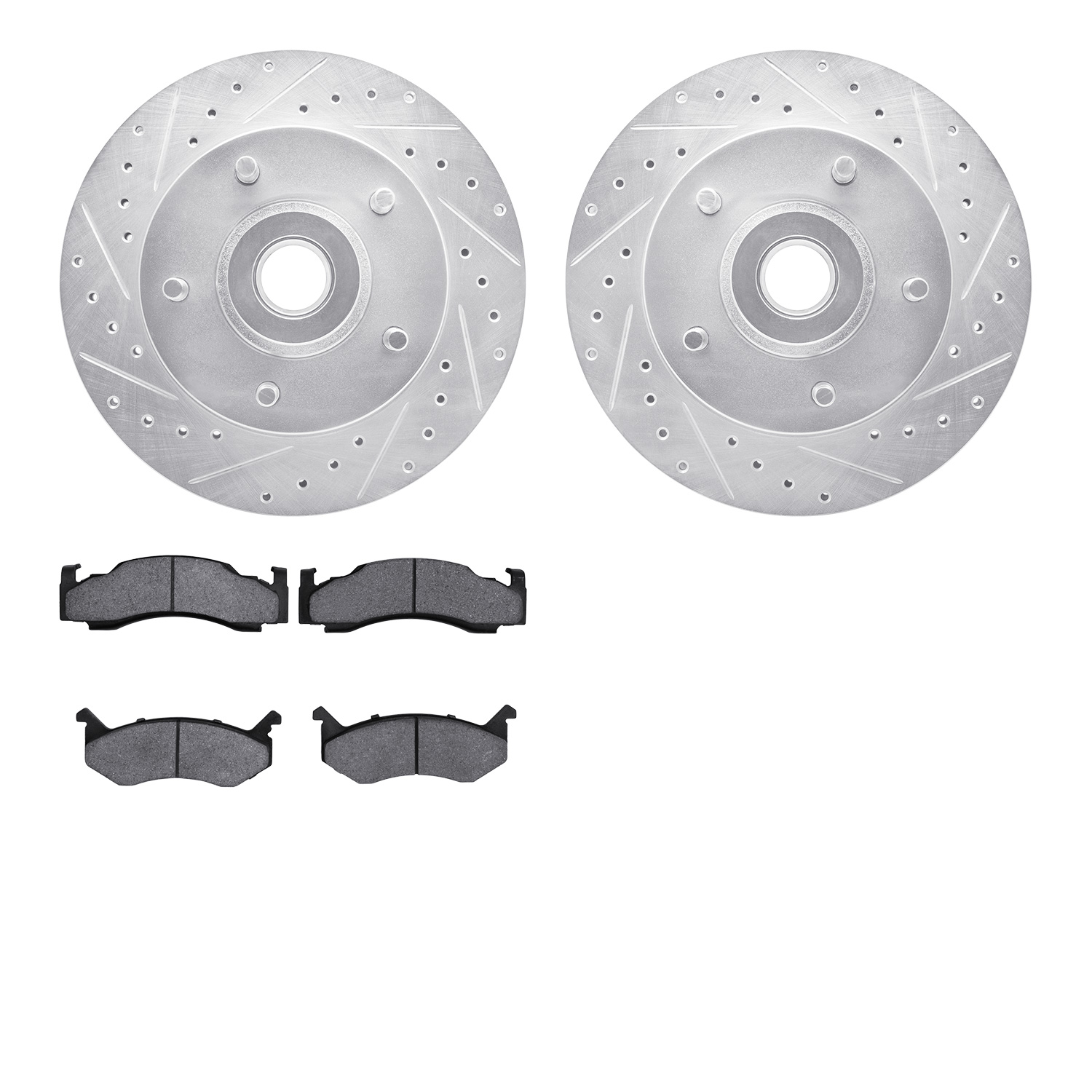 7202-40085 Drilled/Slotted Rotors w/Heavy-Duty Brake Pads Kit [Silver], 1985-1997 Mopar, Position: Front
