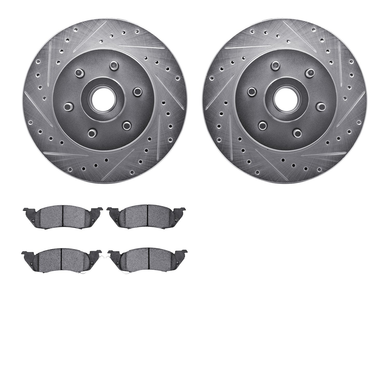7202-40086 Drilled/Slotted Rotors w/Heavy-Duty Brake Pads Kit [Silver], 1991-1996 Mopar, Position: Front