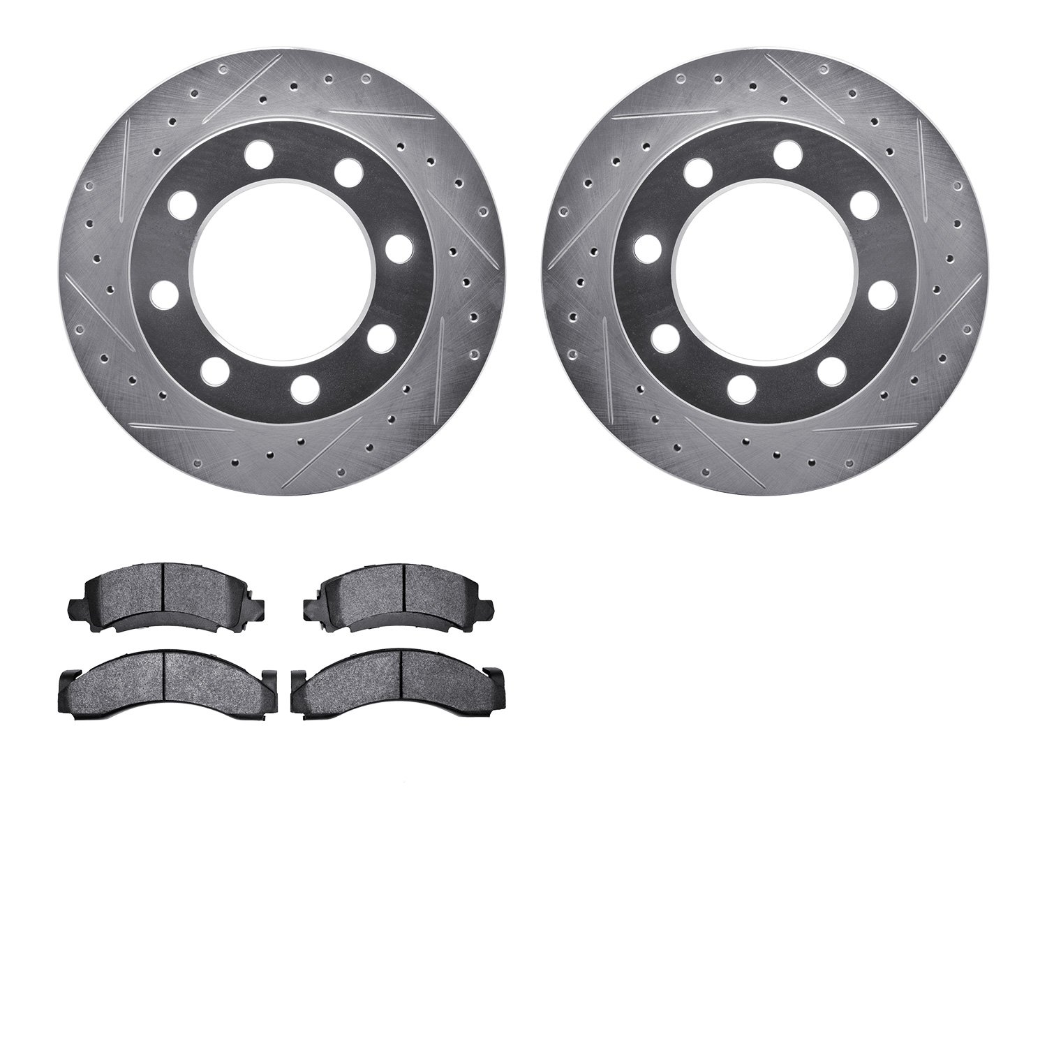7202-40093 Drilled/Slotted Rotors w/Heavy-Duty Brake Pads Kit [Silver], 1990-1993 Mopar, Position: Front