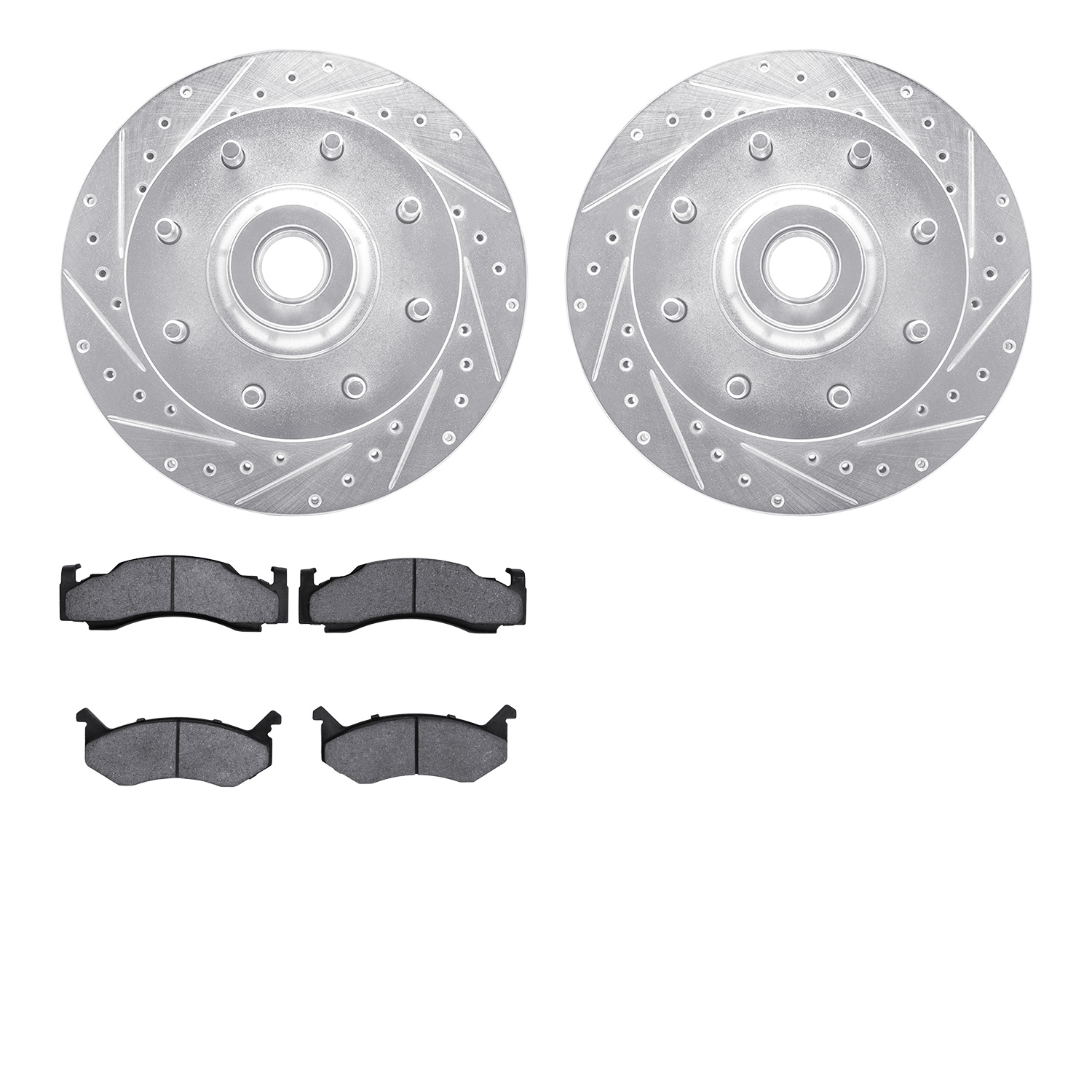 7202-40098 Drilled/Slotted Rotors w/Heavy-Duty Brake Pads Kit [Silver], 1994-1997 Mopar, Position: Front