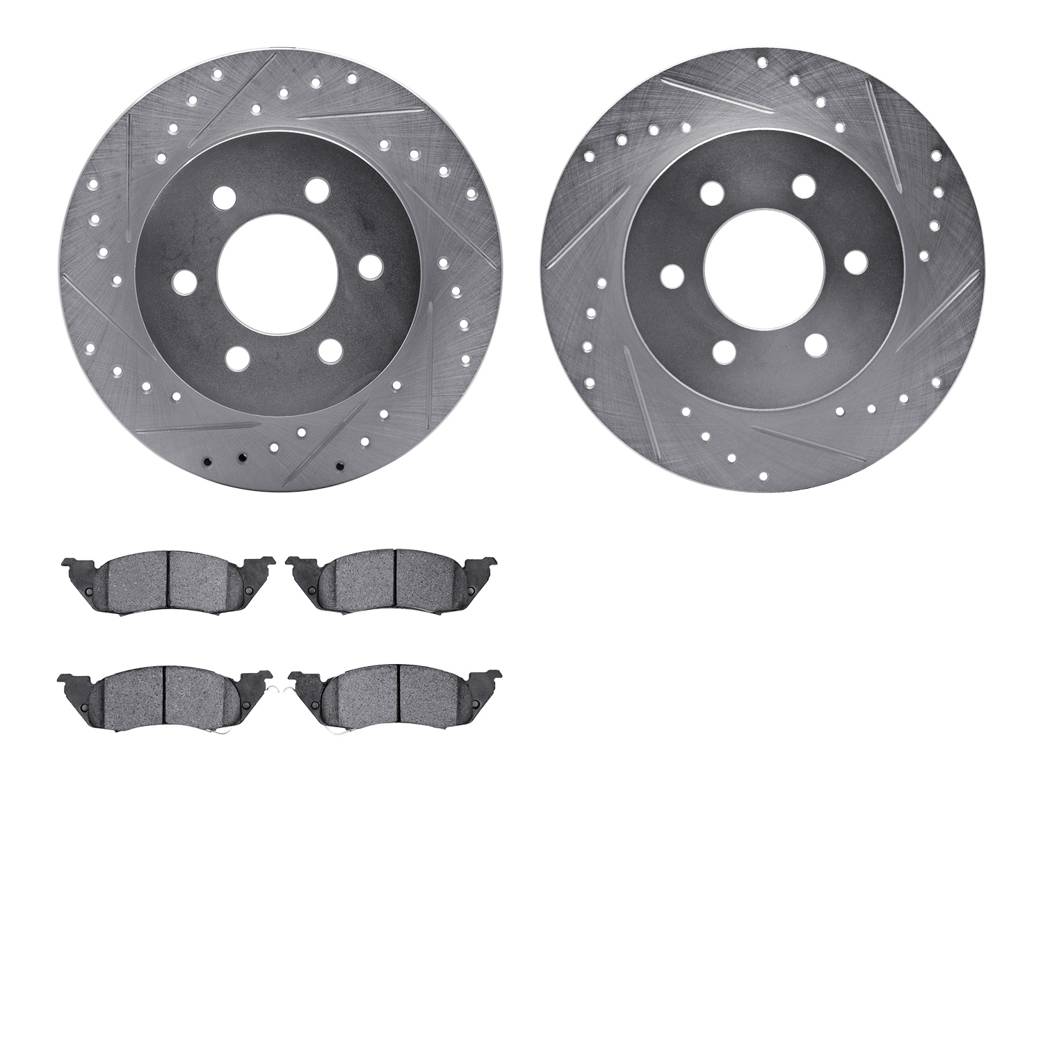7202-40108 Drilled/Slotted Rotors w/Heavy-Duty Brake Pads Kit [Silver], 1997-1998 Mopar, Position: Front