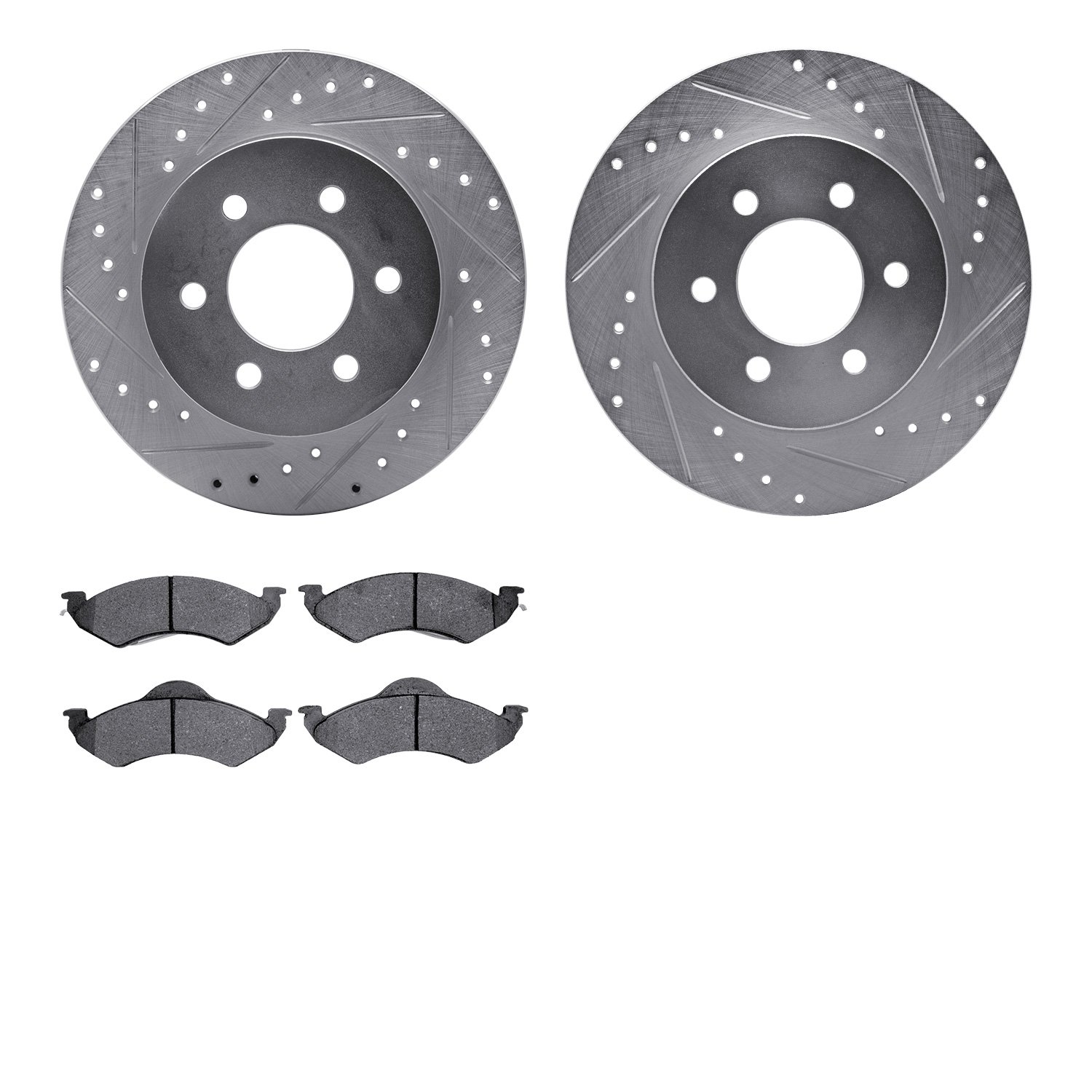 7202-40109 Drilled/Slotted Rotors w/Heavy-Duty Brake Pads Kit [Silver], 1998-1999 Mopar, Position: Front