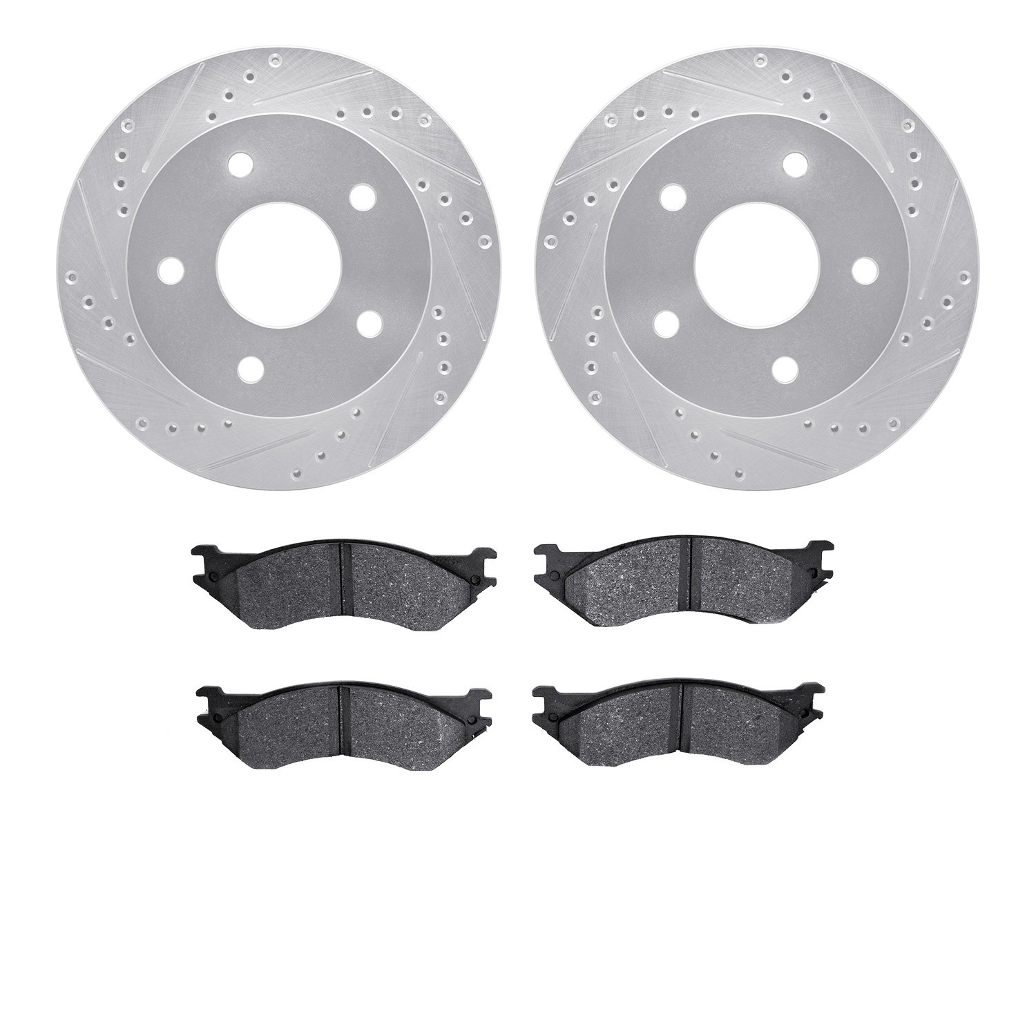 7202-40116 Drilled/Slotted Rotors w/Heavy-Duty Brake Pads Kit [Silver], 2000-2001 Mopar, Position: Front