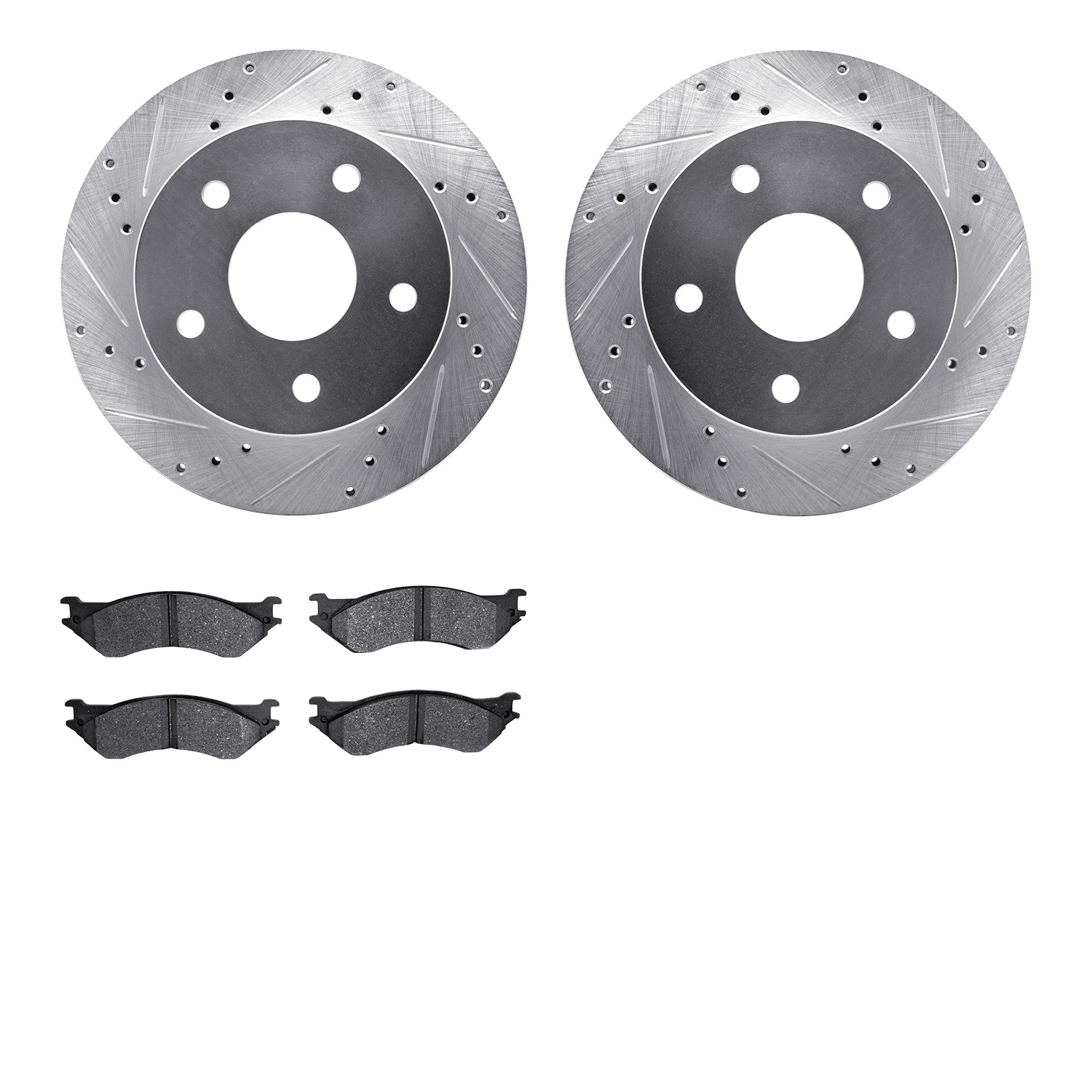 7202-40120 Drilled/Slotted Rotors w/Heavy-Duty Brake Pads Kit [Silver], 2000-2001 Mopar, Position: Front