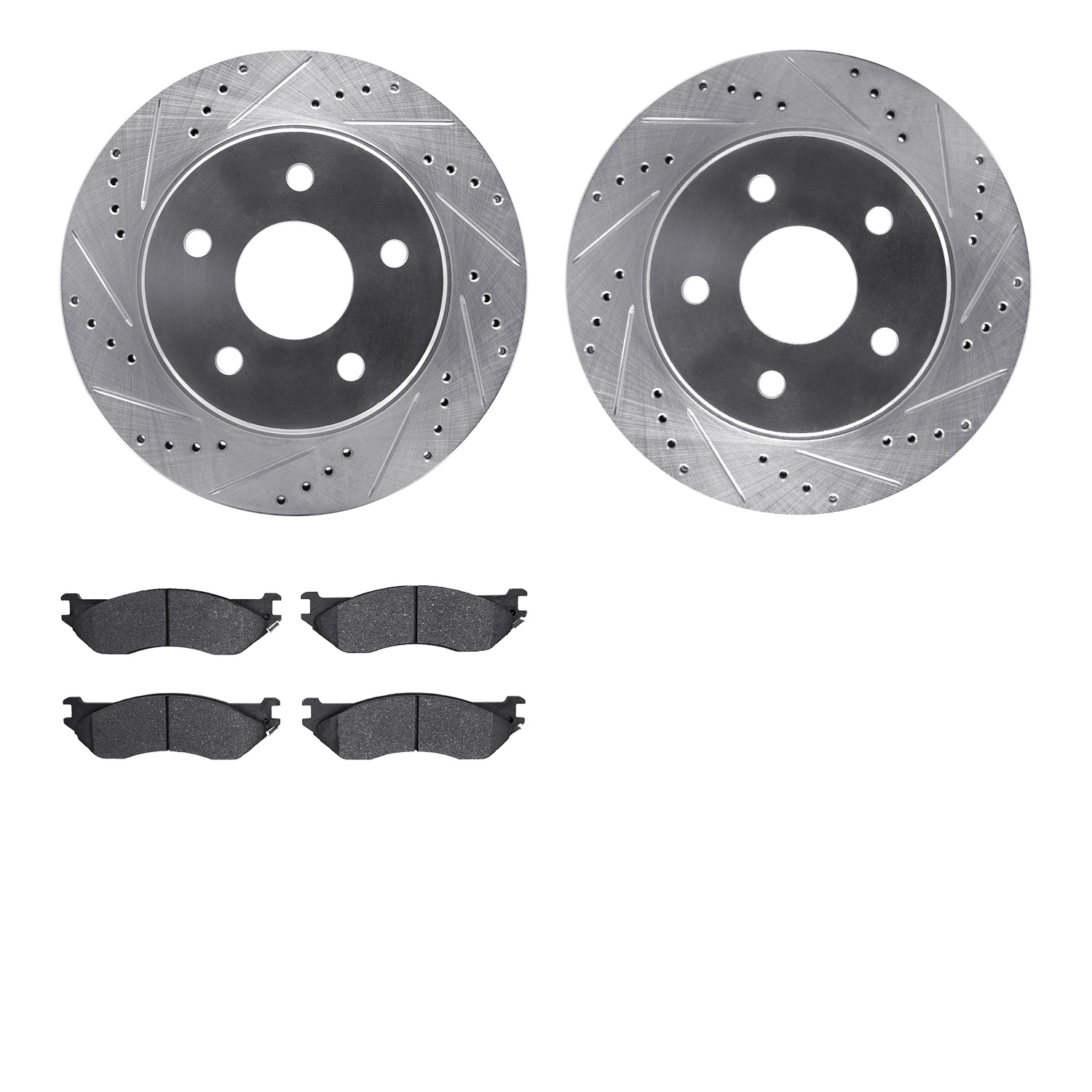 7202-40122 Drilled/Slotted Rotors w/Heavy-Duty Brake Pads Kit [Silver], 2002-2006 Mopar, Position: Front
