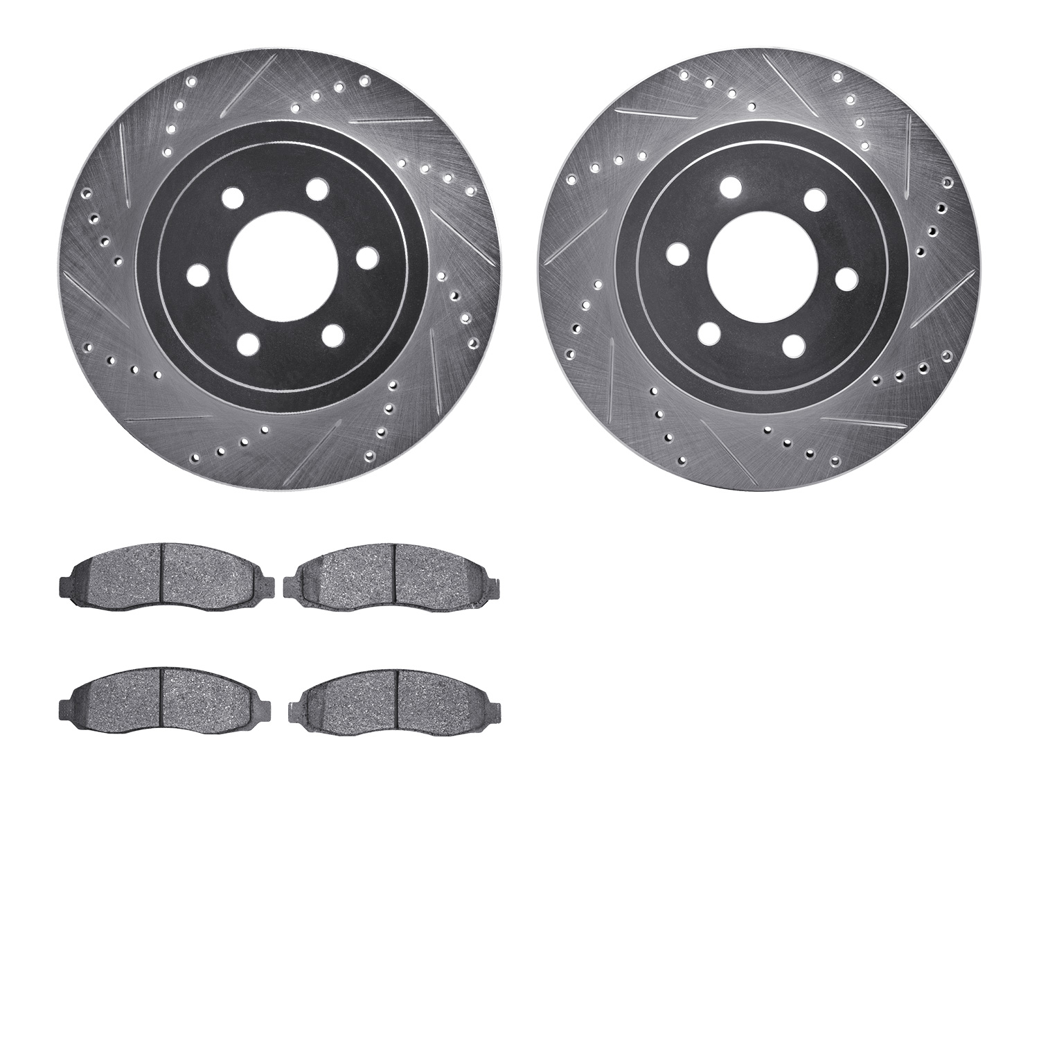 7202-40127 Drilled/Slotted Rotors w/Heavy-Duty Brake Pads Kit [Silver], 2003-2004 Mopar, Position: Front