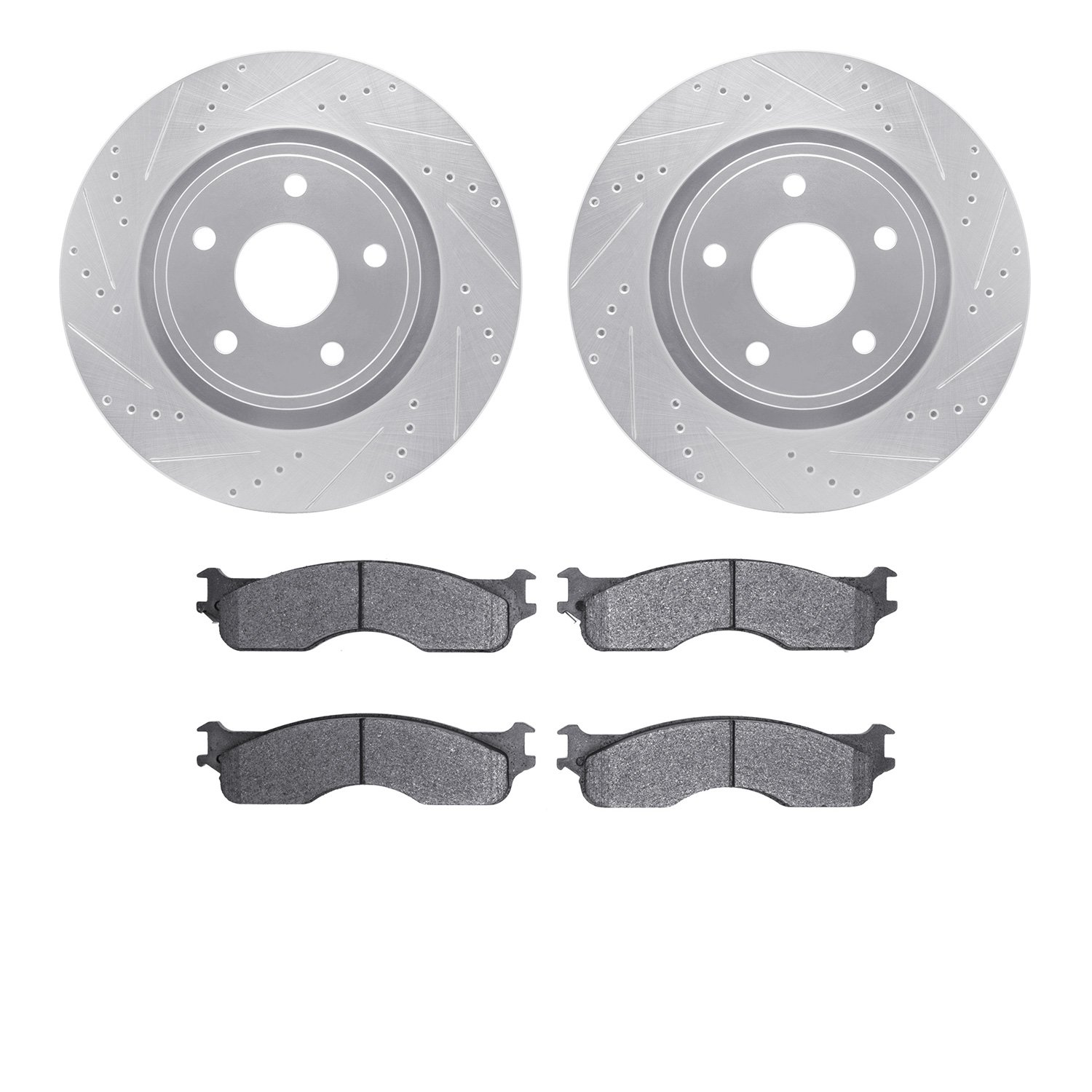 7202-40133 Drilled/Slotted Rotors w/Heavy-Duty Brake Pads Kit [Silver], 2004-2004 Mopar, Position: Front