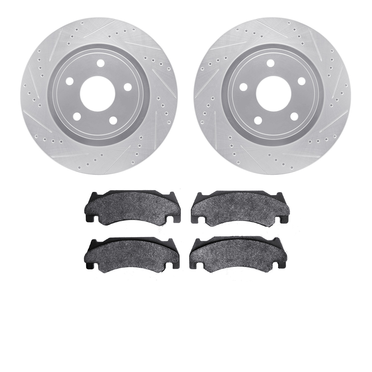 7202-40134 Drilled/Slotted Rotors w/Heavy-Duty Brake Pads Kit [Silver], 2005-2006 Mopar, Position: Front