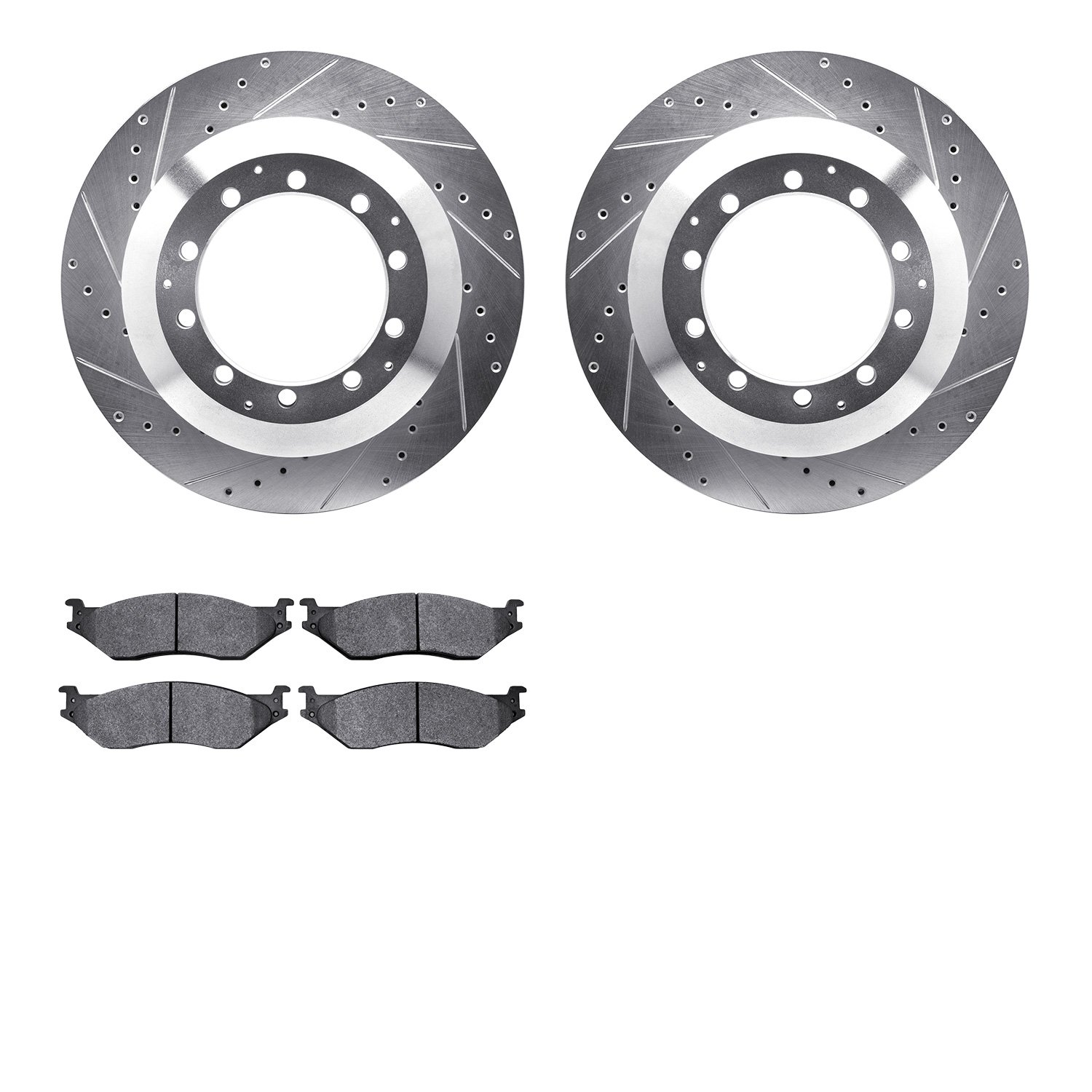 7202-40149 Drilled/Slotted Rotors w/Heavy-Duty Brake Pads Kit [Silver], 2005-2017 Multiple Makes/Models, Position: Front, Rear