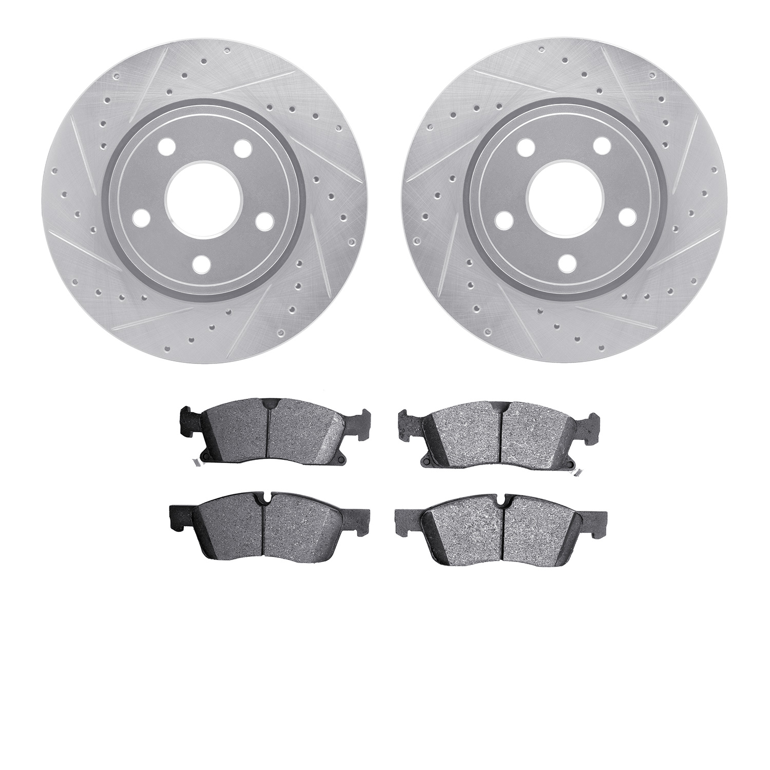 7202-42002 Drilled/Slotted Rotors w/Heavy-Duty Brake Pads Kit [Silver], Fits Select Mopar, Position: Front