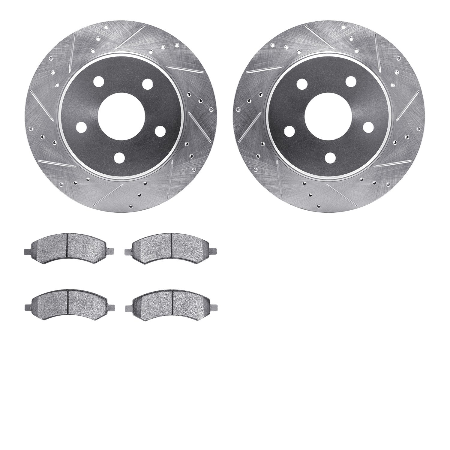 7202-42017 Drilled/Slotted Rotors w/Heavy-Duty Brake Pads Kit [Silver], 2008-2012 Mopar, Position: Front
