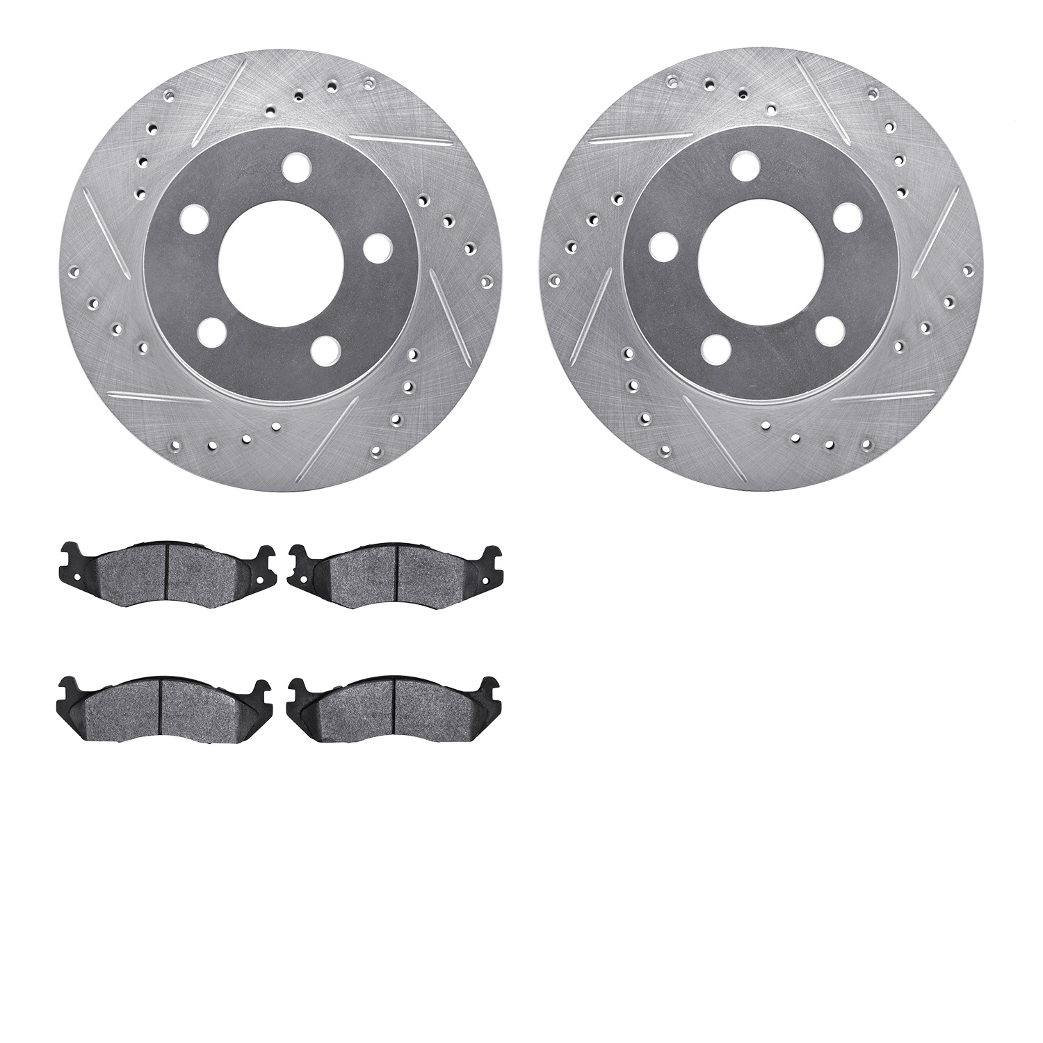 7202-42028 Drilled/Slotted Rotors w/Heavy-Duty Brake Pads Kit [Silver], 1982-1989 Multiple Makes/Models, Position: Front