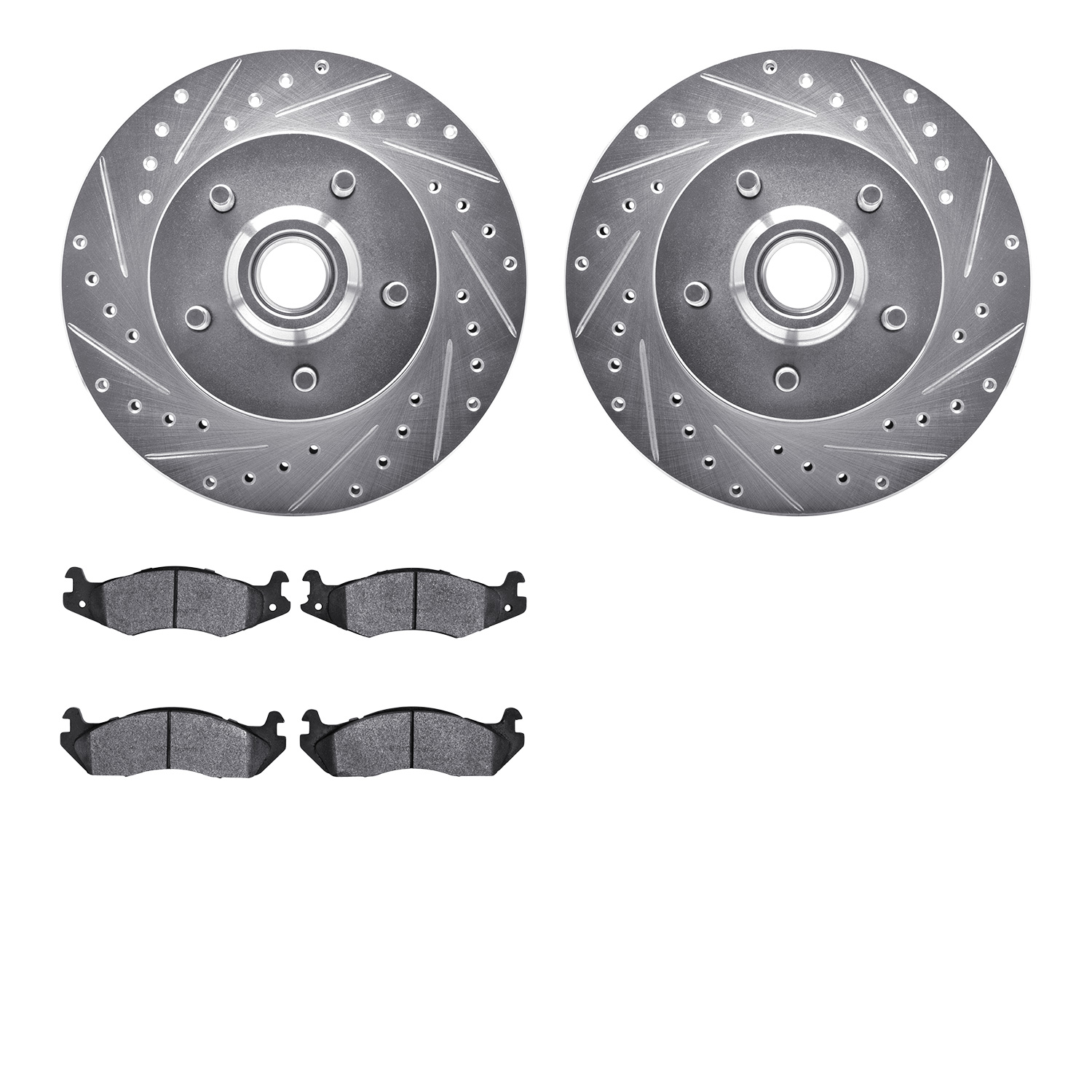 7202-42032 Drilled/Slotted Rotors w/Heavy-Duty Brake Pads Kit [Silver], 1986-1992 Mopar, Position: Front