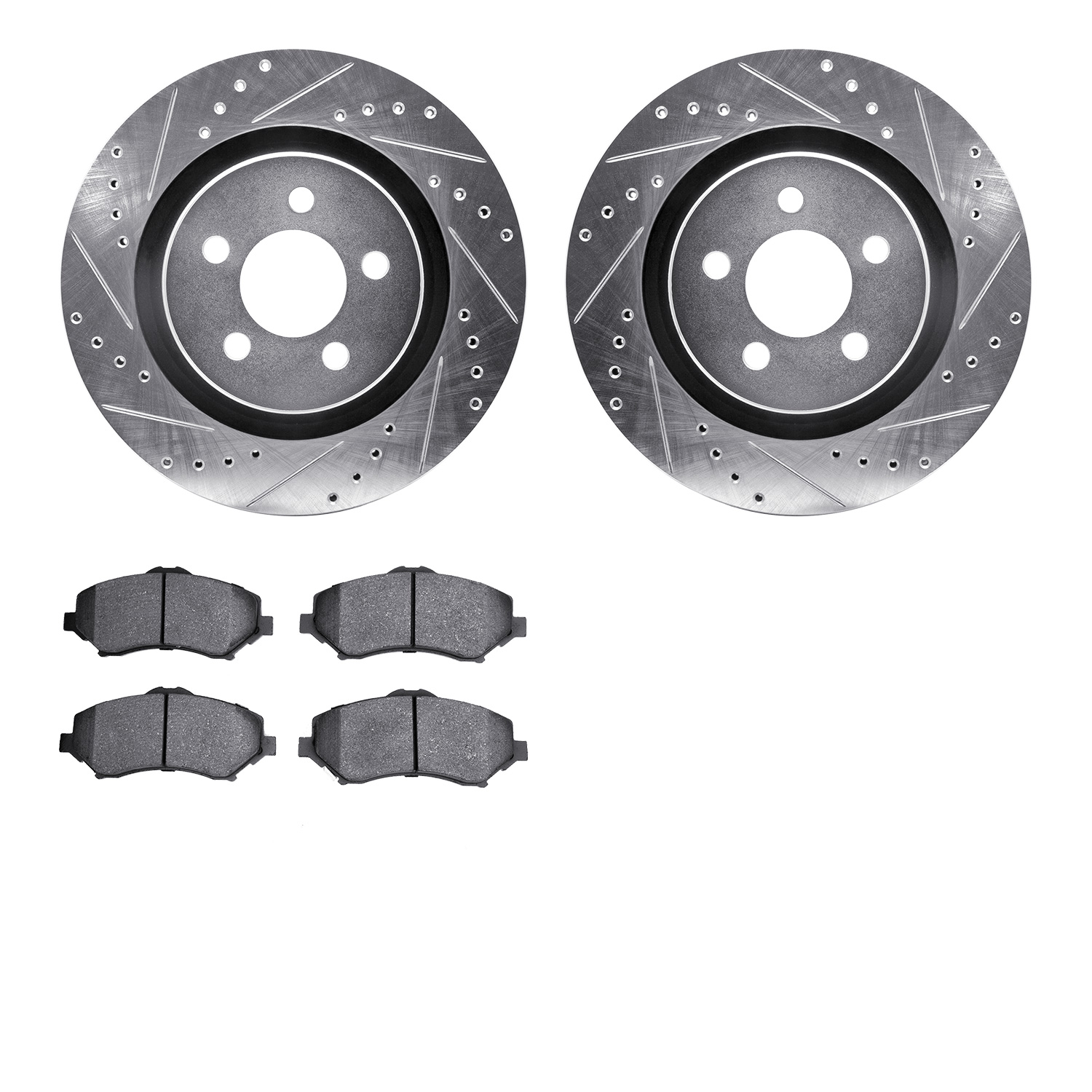 7202-42036 Drilled/Slotted Rotors w/Heavy-Duty Brake Pads Kit [Silver], 2011-2012 Mopar, Position: Front