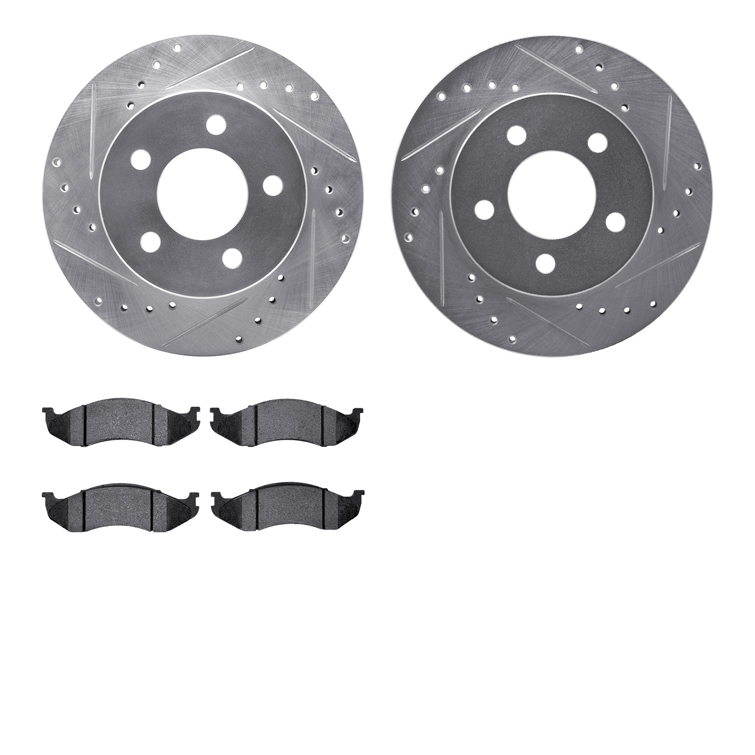 7202-42038 Drilled/Slotted Rotors w/Heavy-Duty Brake Pads Kit [Silver], 1990-1999 Mopar, Position: Front