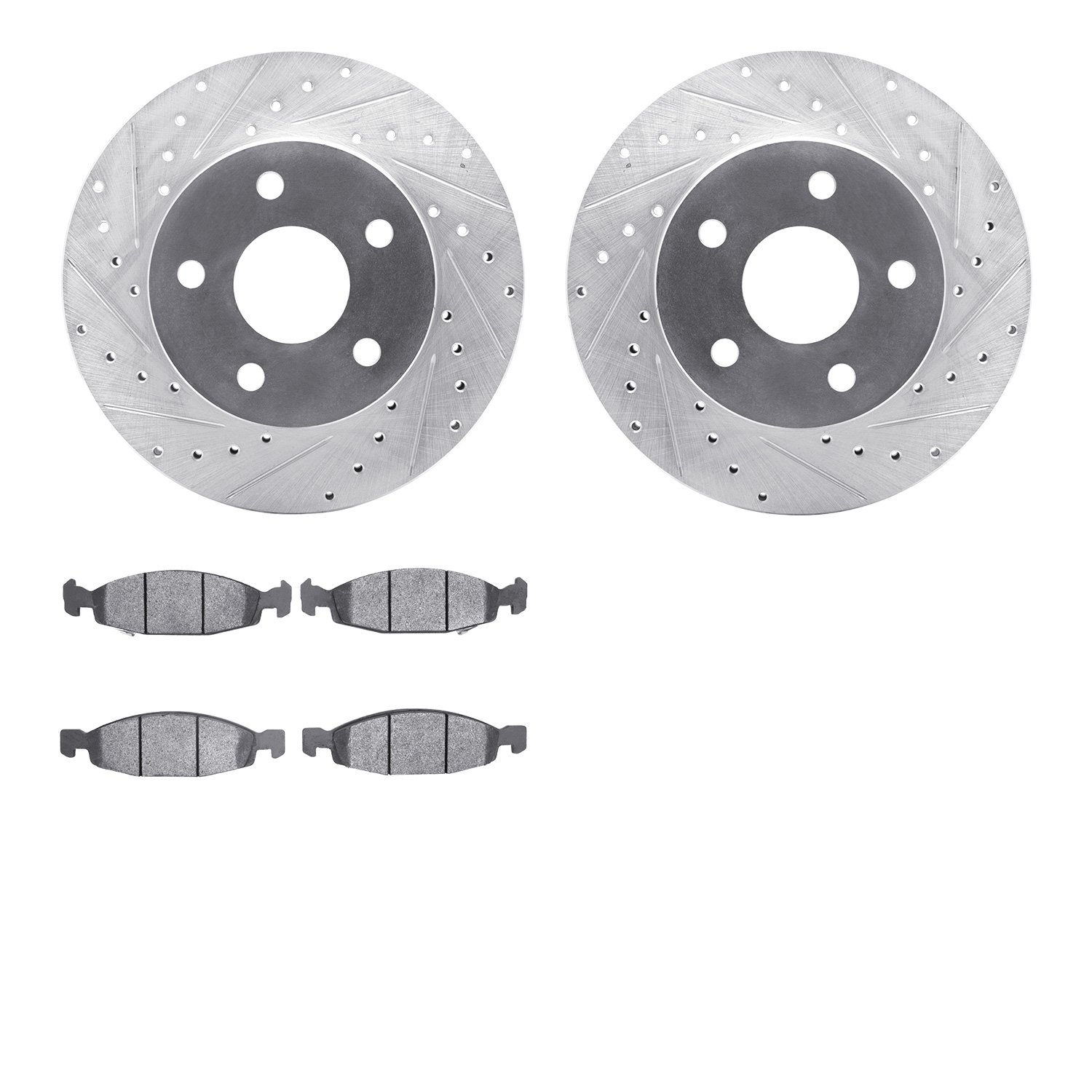 7202-42043 Drilled/Slotted Rotors w/Heavy-Duty Brake Pads Kit [Silver], 1999-2002 Mopar, Position: Front