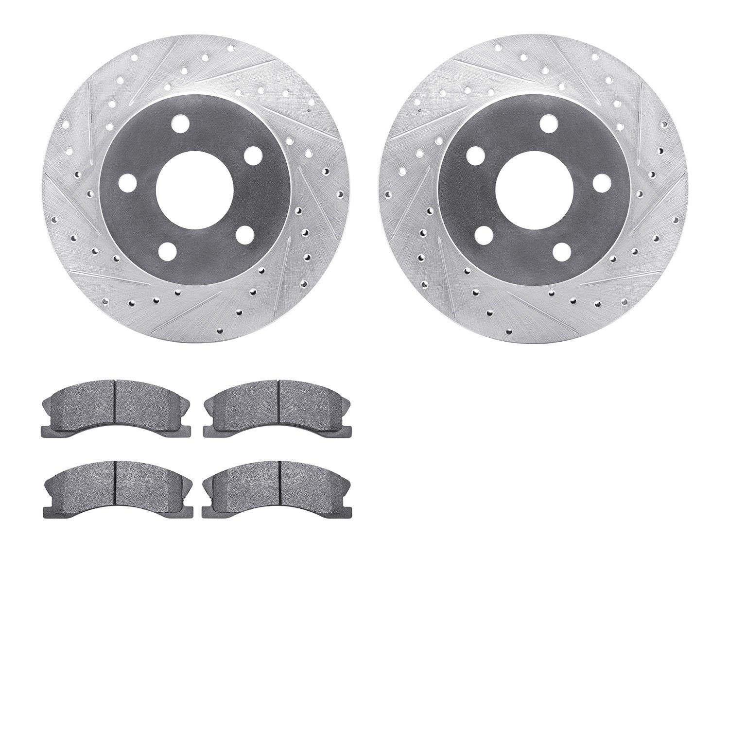 7202-42044 Drilled/Slotted Rotors w/Heavy-Duty Brake Pads Kit [Silver], 1999-2004 Mopar, Position: Front