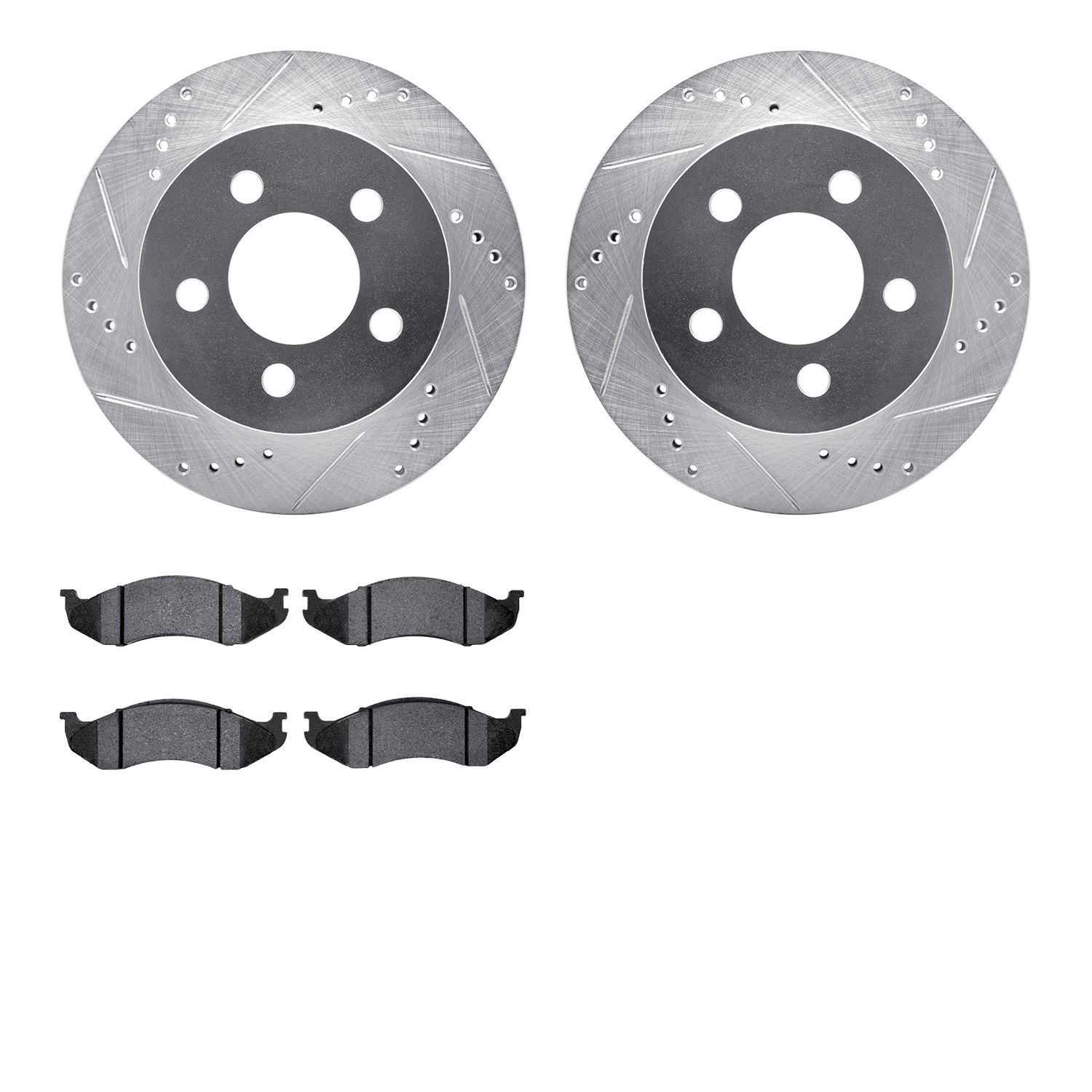 7202-42046 Drilled/Slotted Rotors w/Heavy-Duty Brake Pads Kit [Silver], 1999-2006 Mopar, Position: Front