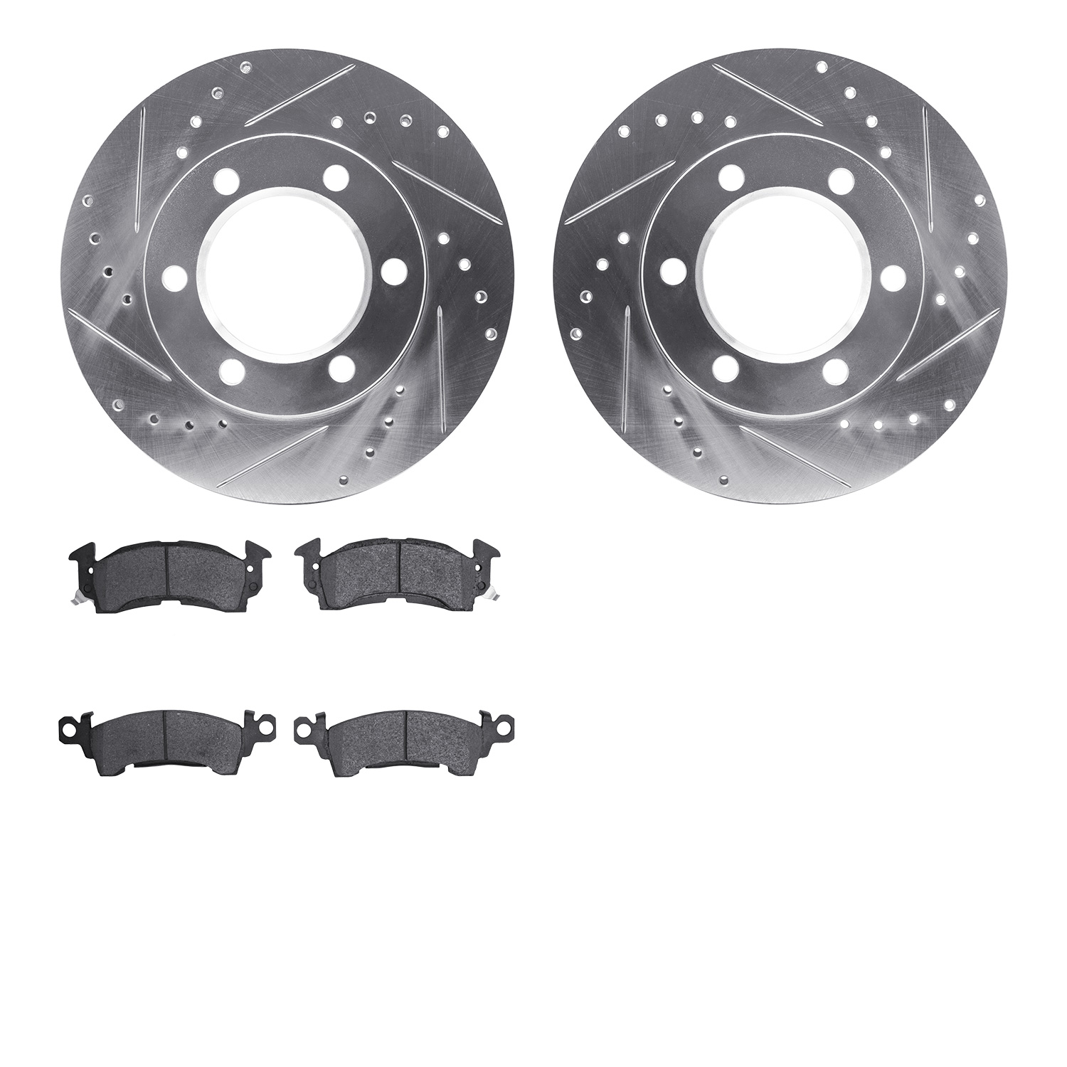 7202-42053 Drilled/Slotted Rotors w/Heavy-Duty Brake Pads Kit [Silver], 1971-1991 Multiple Makes/Models, Position: Front