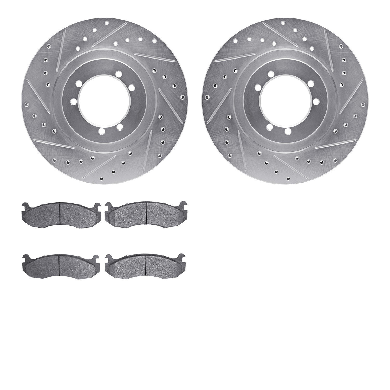 7202-44003 Drilled/Slotted Rotors w/Heavy-Duty Brake Pads Kit [Silver], 1996-2006 Mopar, Position: Front
