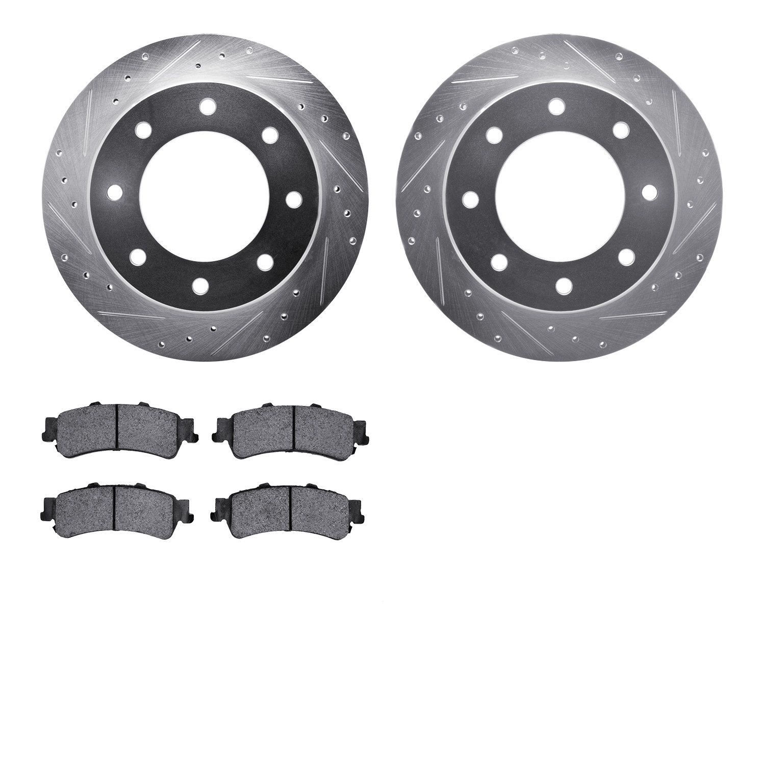 7202-46001 Drilled/Slotted Rotors w/Heavy-Duty Brake Pads Kit [Silver], 2000-2011 GM, Position: Rear