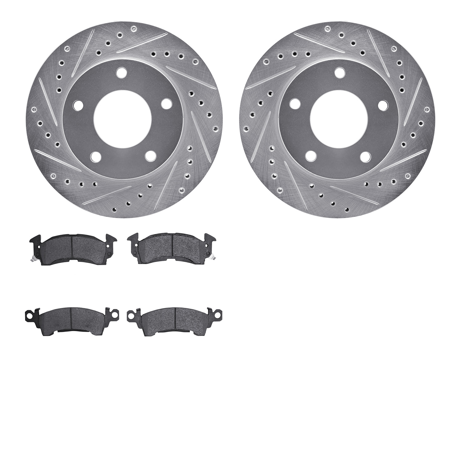 7202-46005 Drilled/Slotted Rotors w/Heavy-Duty Brake Pads Kit [Silver], 1969-1978 GM, Position: Front