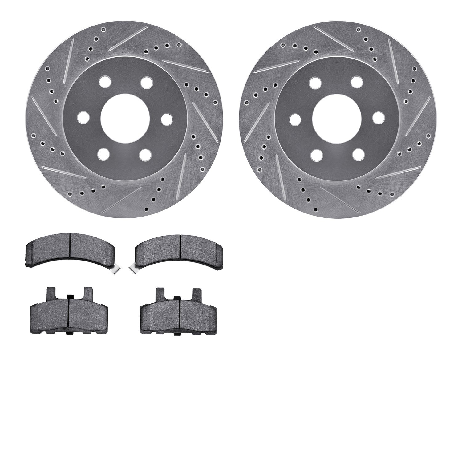 7202-46012 Drilled/Slotted Rotors w/Heavy-Duty Brake Pads Kit [Silver], 1998-1999 GM, Position: Front