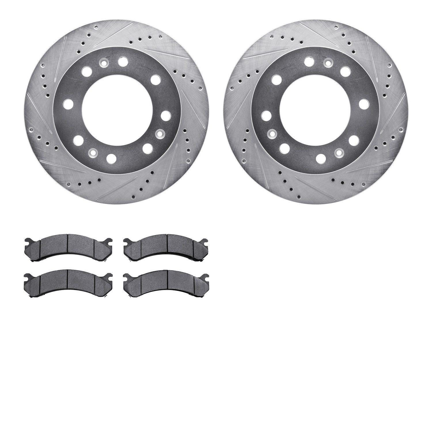 7202-46039 Drilled/Slotted Rotors w/Heavy-Duty Brake Pads Kit [Silver], 2006-2011 GM, Position: Front