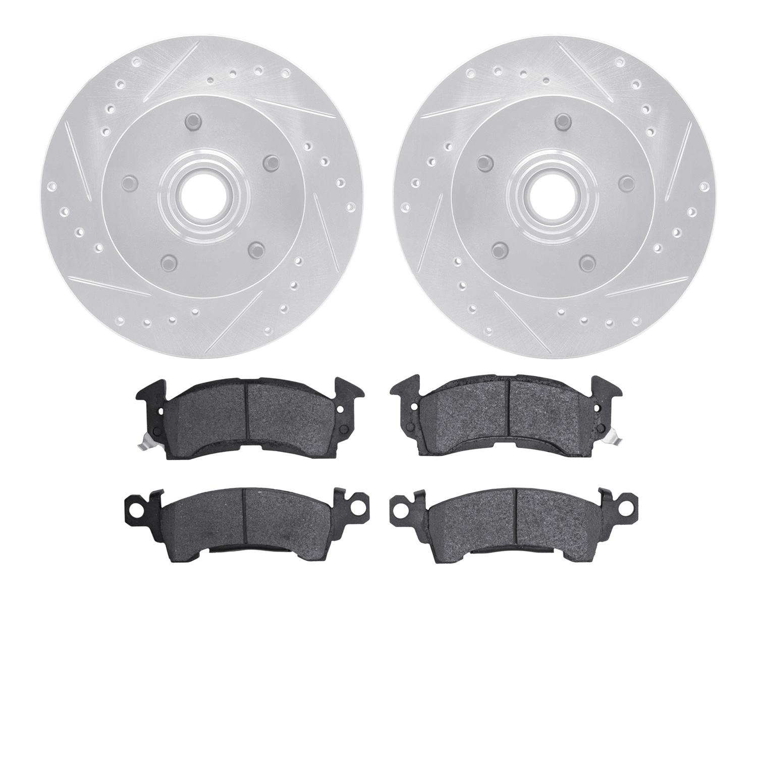 7202-47014 Drilled/Slotted Rotors w/Heavy-Duty Brake Pads Kit [Silver], 1969-1974 GM, Position: Front