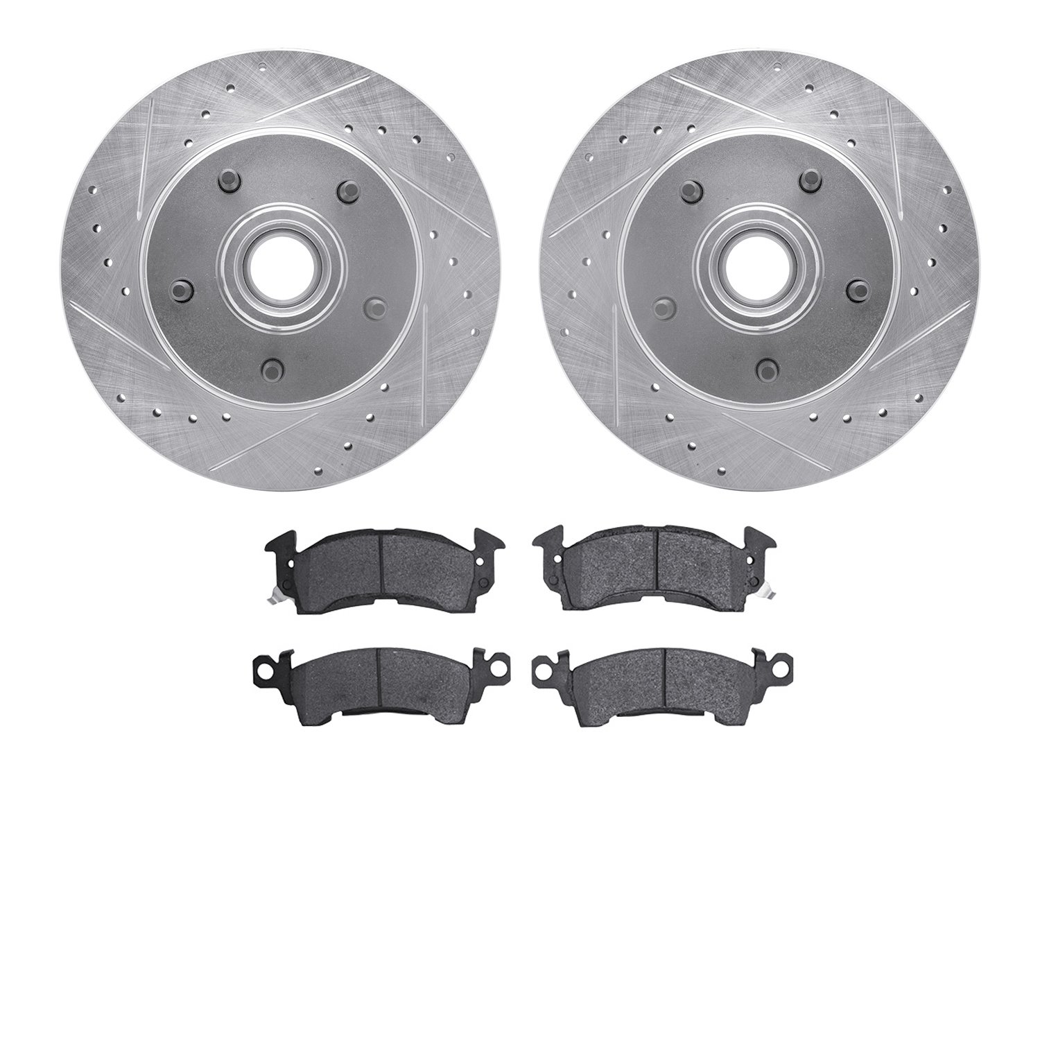 7202-47015 Drilled/Slotted Rotors w/Heavy-Duty Brake Pads Kit [Silver], 1970-1981 GM, Position: Front