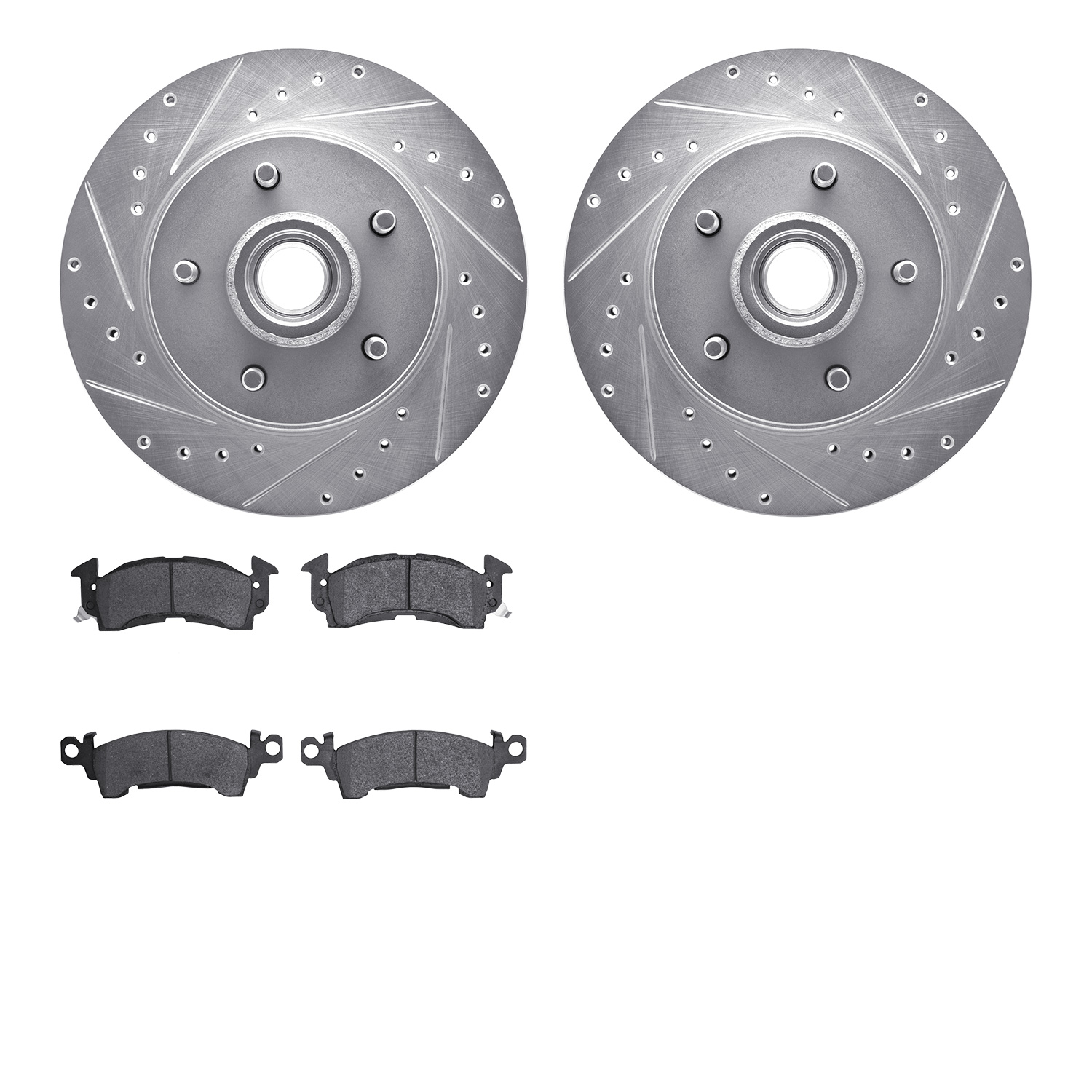 7202-47016 Drilled/Slotted Rotors w/Heavy-Duty Brake Pads Kit [Silver], 1977-1978 GM, Position: Front