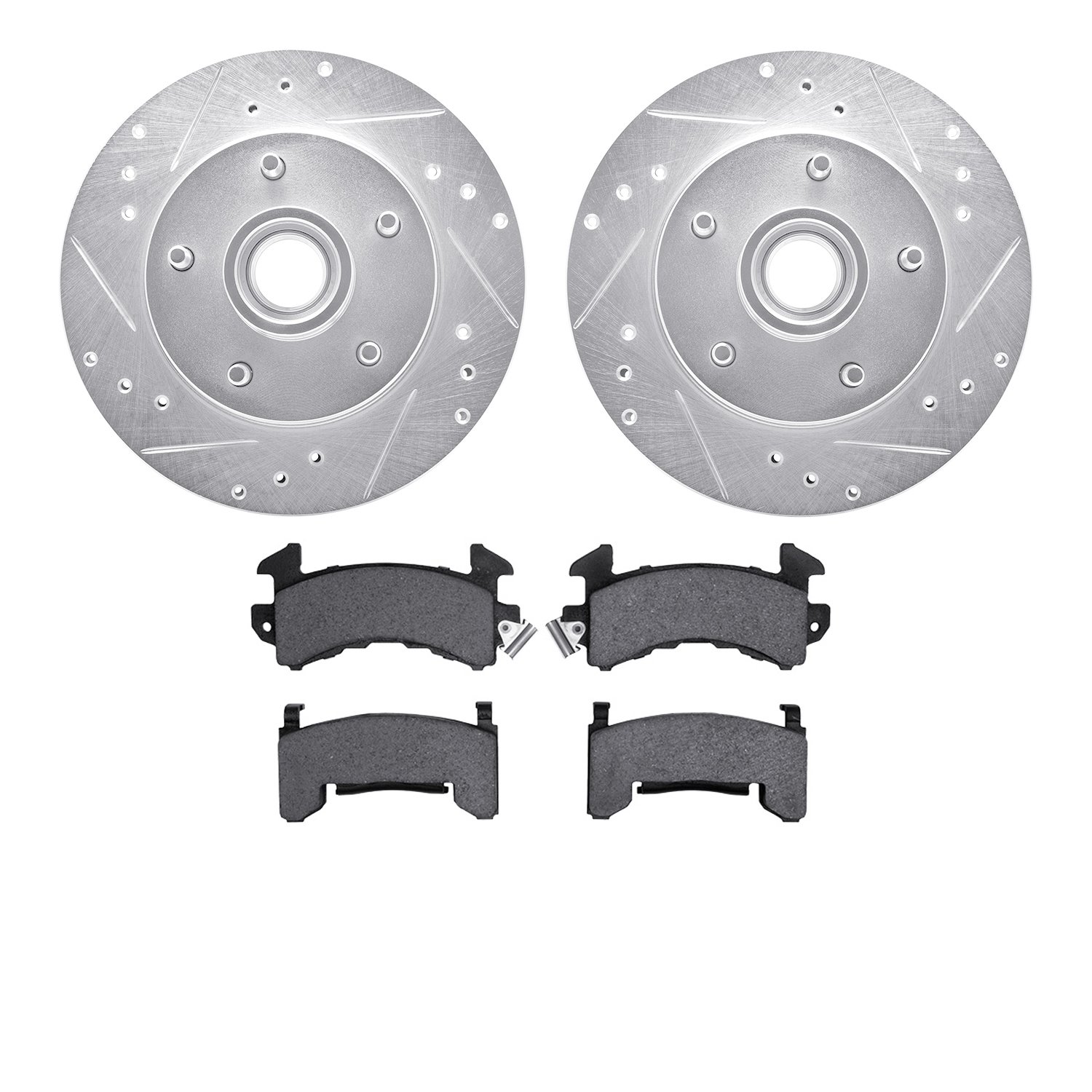 7202-47017 Drilled/Slotted Rotors w/Heavy-Duty Brake Pads Kit [Silver], 1978-1978 GM, Position: Front