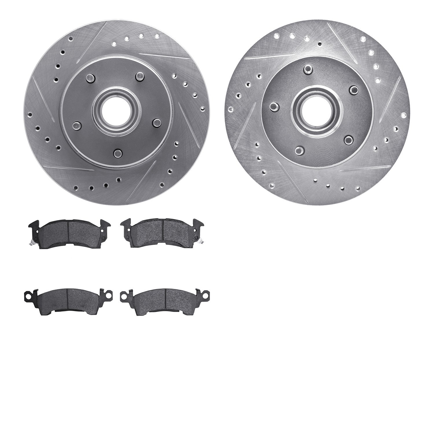 7202-47032 Drilled/Slotted Rotors w/Heavy-Duty Brake Pads Kit [Silver], 1978-1990 GM, Position: Front