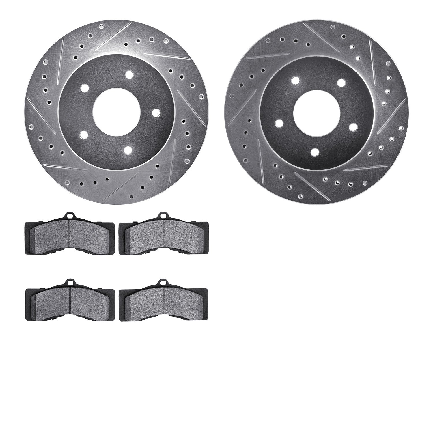 7202-47034 Drilled/Slotted Rotors w/Heavy-Duty Brake Pads Kit [Silver], 1963-1982 GM, Position: Front