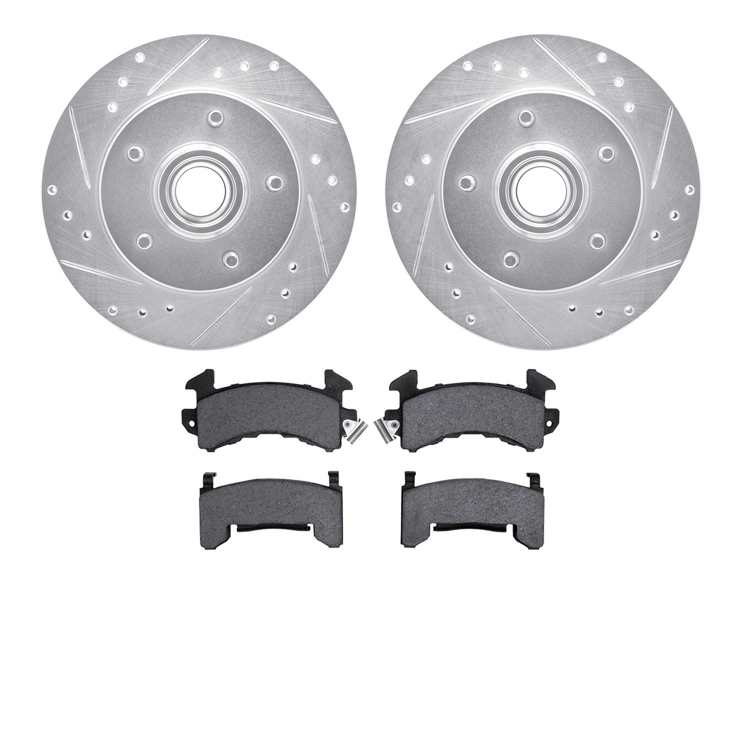 7202-47035 Drilled/Slotted Rotors w/Heavy-Duty Brake Pads Kit [Silver], 1979-1981 GM, Position: Front