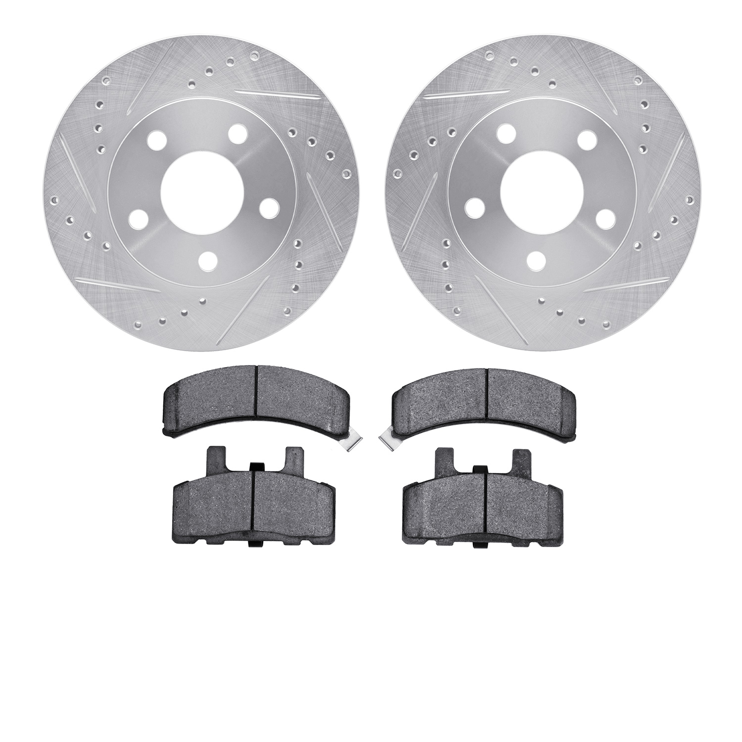 7202-47041 Drilled/Slotted Rotors w/Heavy-Duty Brake Pads Kit [Silver], 1990-1993 GM, Position: Front