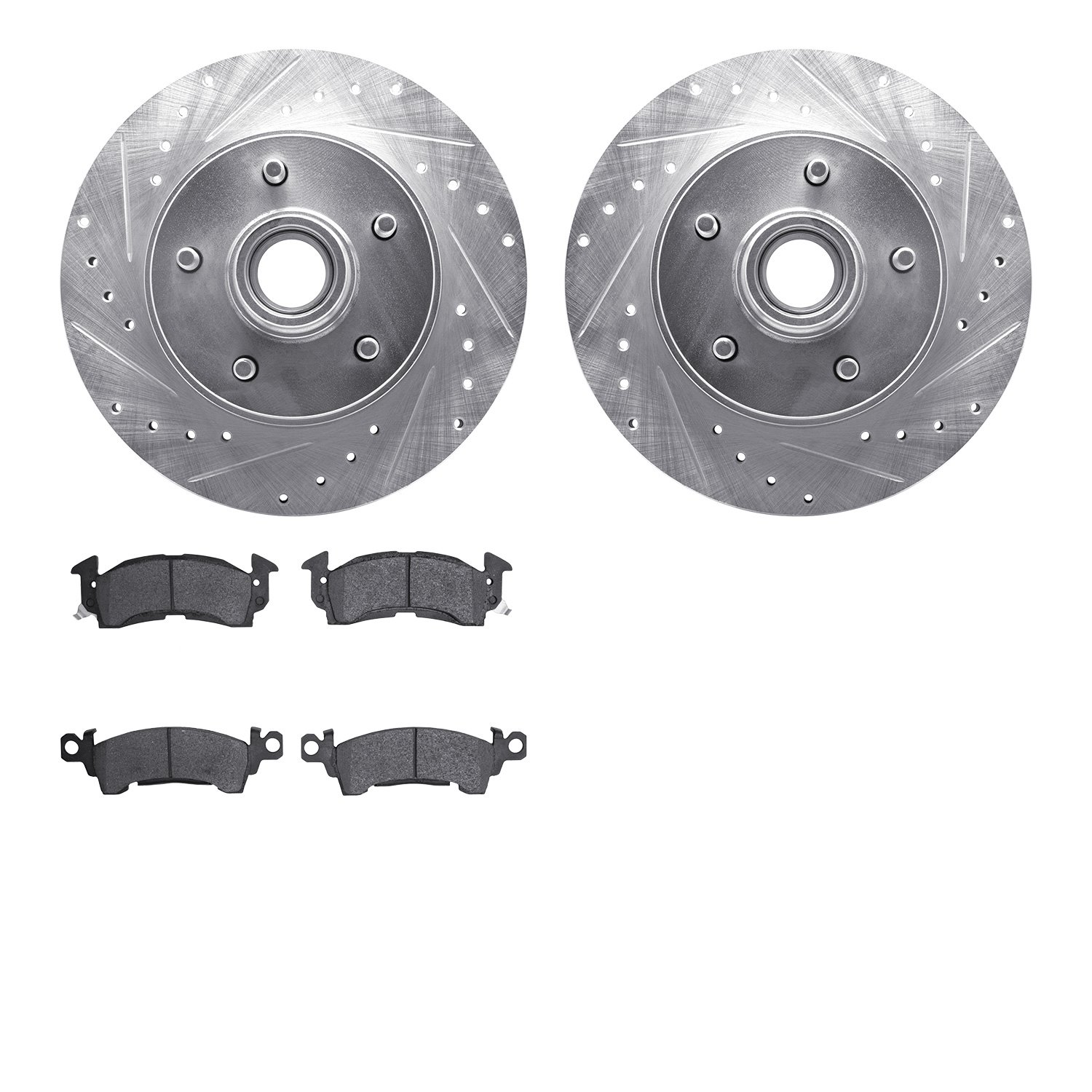 7202-47086 Drilled/Slotted Rotors w/Heavy-Duty Brake Pads Kit [Silver], 1977-1995 GM, Position: Front