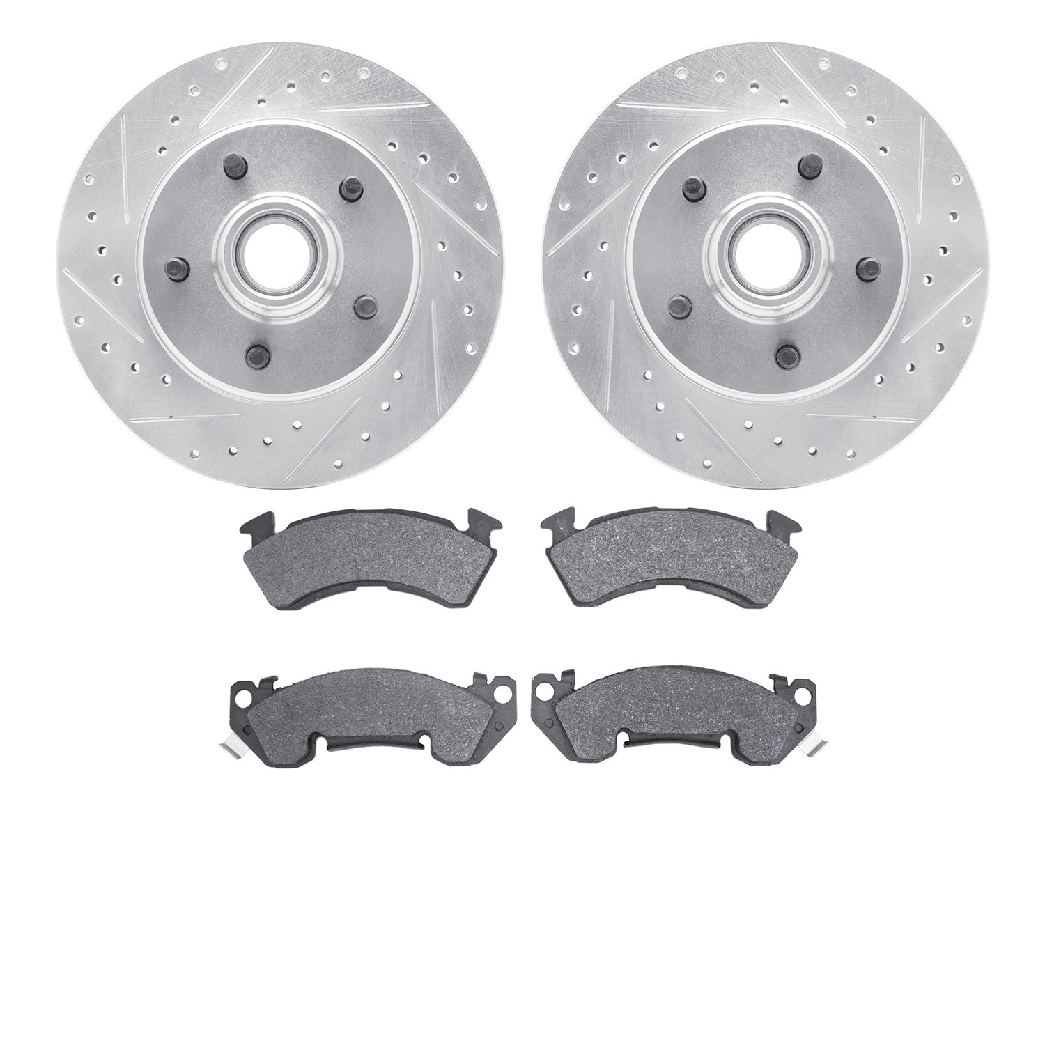 7202-47087 Drilled/Slotted Rotors w/Heavy-Duty Brake Pads Kit [Silver], 1990-1990 GM, Position: Front