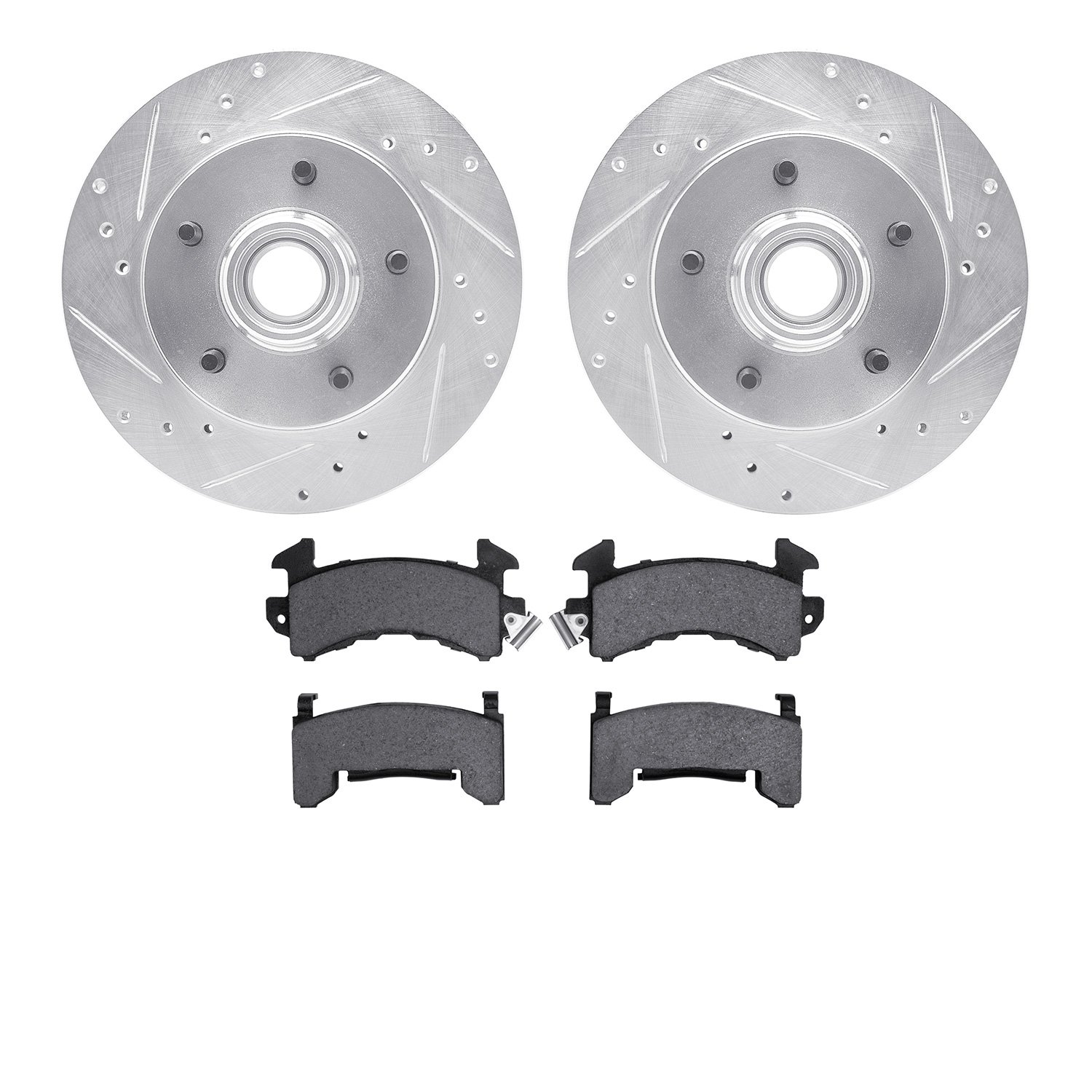 7202-47088 Drilled/Slotted Rotors w/Heavy-Duty Brake Pads Kit [Silver], 1982-1995 GM, Position: Front