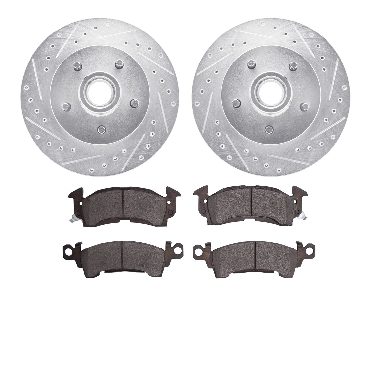 7202-47092 Drilled/Slotted Rotors w/Heavy-Duty Brake Pads Kit [Silver], 1969-1996 GM, Position: Front