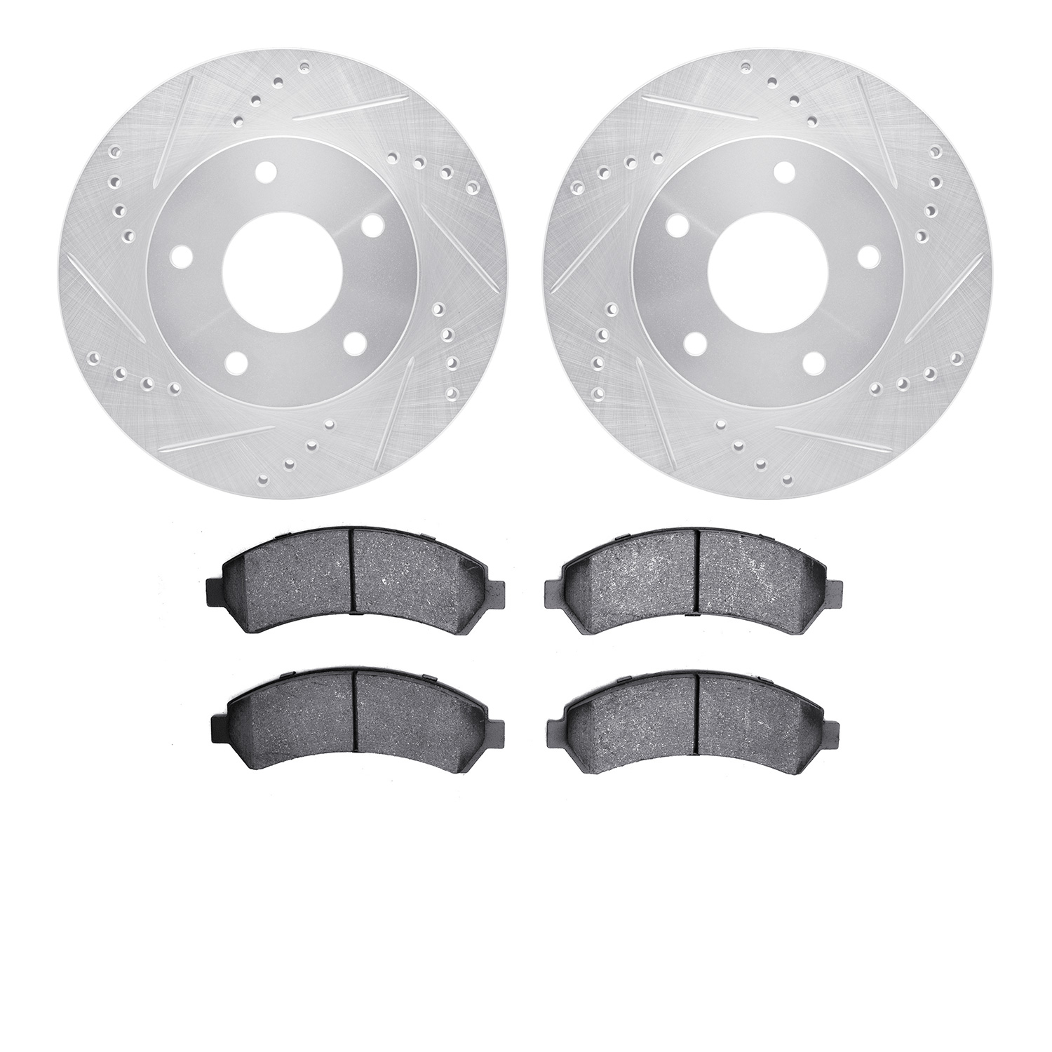 7202-48002 Drilled/Slotted Rotors w/Heavy-Duty Brake Pads Kit [Silver], 1997-2005 GM, Position: Front