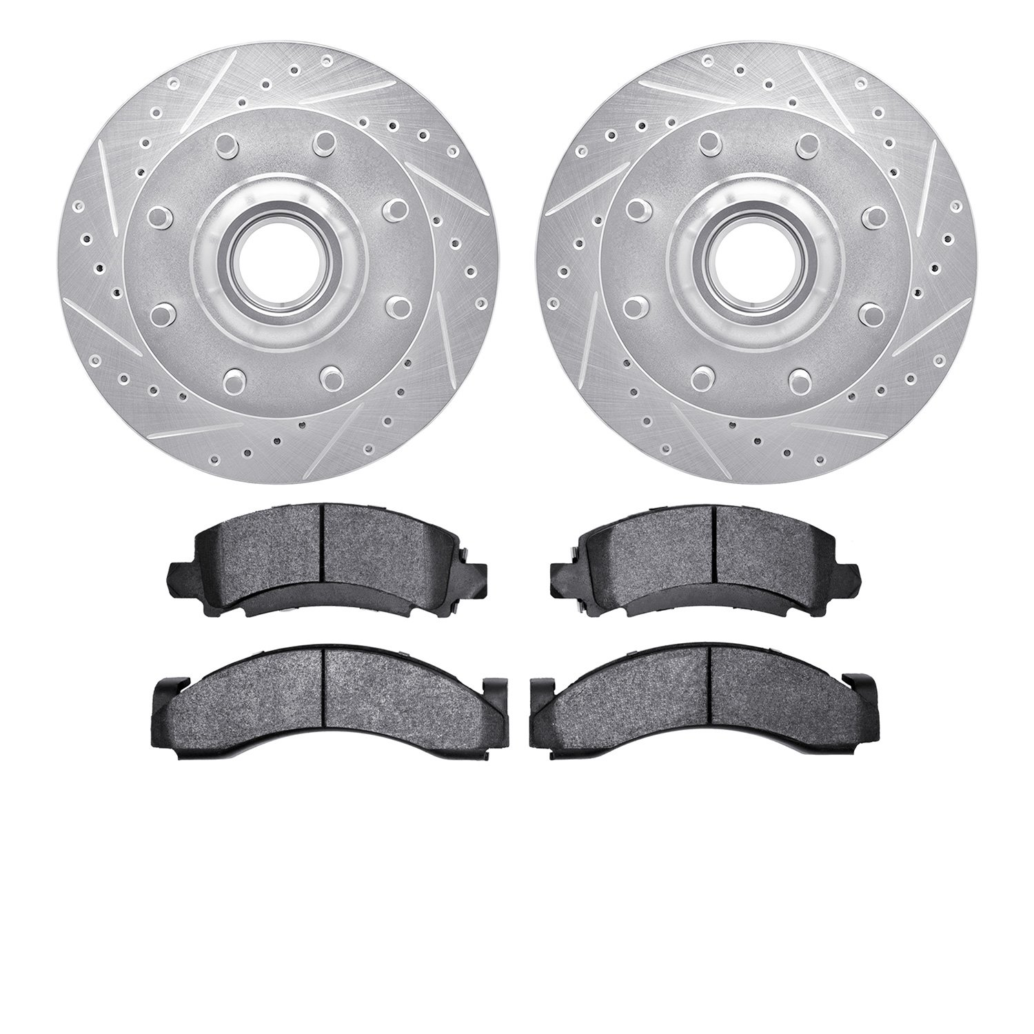 7202-48005 Drilled/Slotted Rotors w/Heavy-Duty Brake Pads Kit [Silver], 1974-2005 Multiple Makes/Models, Position: Front