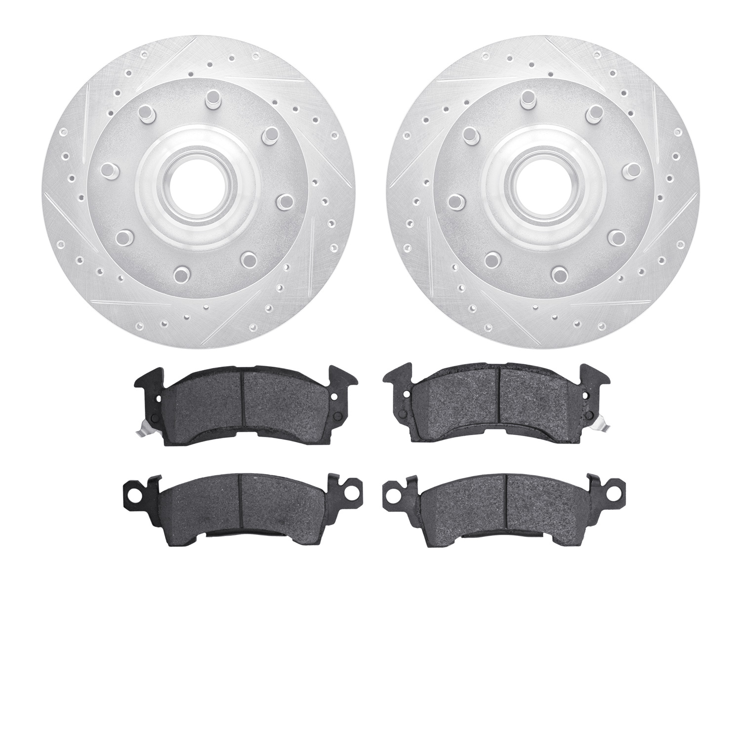 7202-48008 Drilled/Slotted Rotors w/Heavy-Duty Brake Pads Kit [Silver], 1971-1989 GM, Position: Front