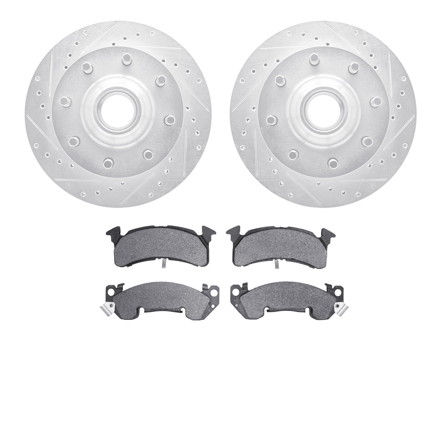 7202-48009 Drilled/Slotted Rotors w/Heavy-Duty Brake Pads Kit [Silver], 1978-1993 GM, Position: Front