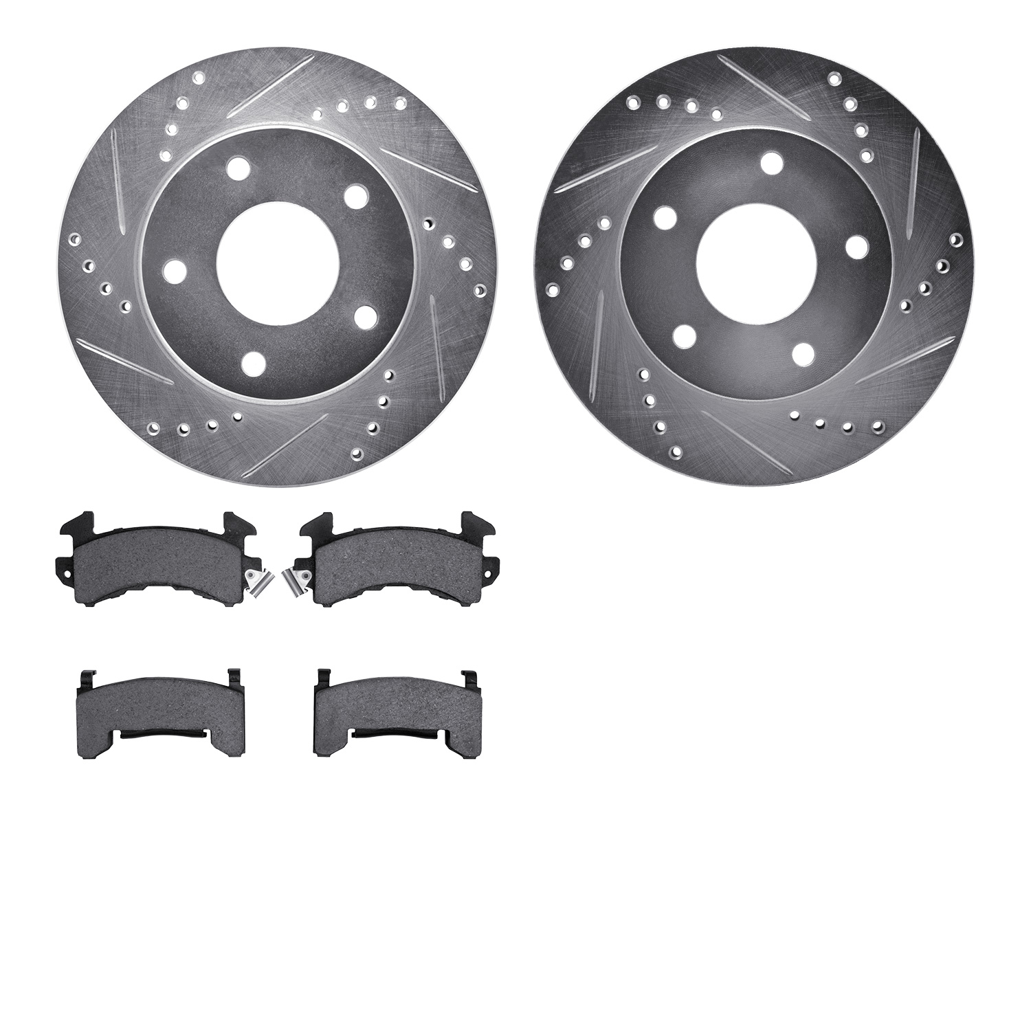 7202-48012 Drilled/Slotted Rotors w/Heavy-Duty Brake Pads Kit [Silver], 1979-1998 GM, Position: Front