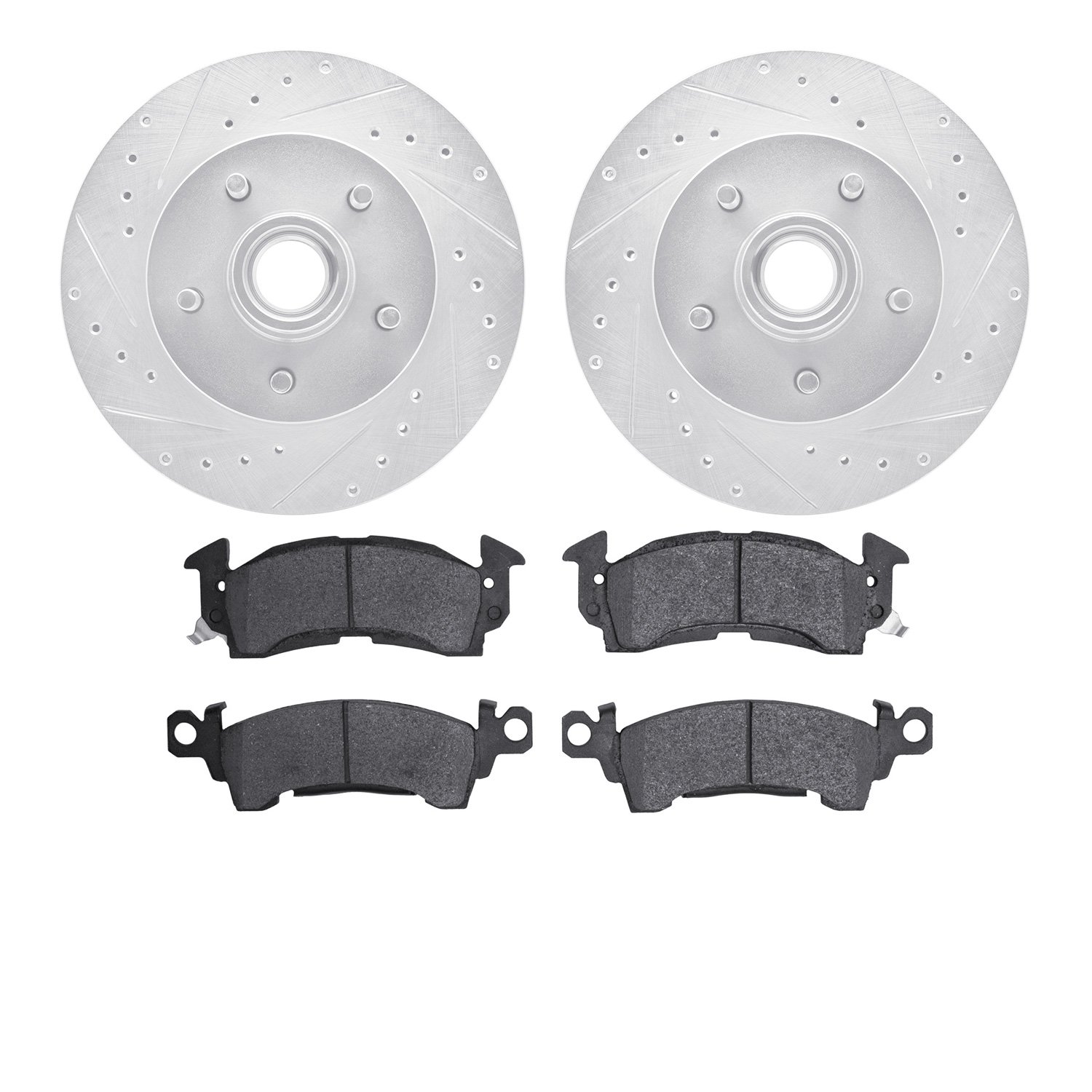 7202-48014 Drilled/Slotted Rotors w/Heavy-Duty Brake Pads Kit [Silver], 1983-1992 GM, Position: Front